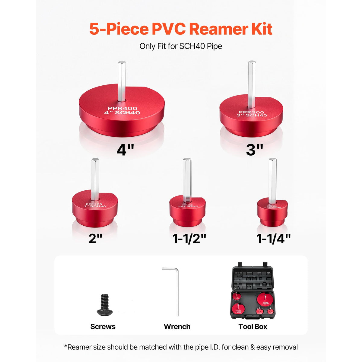 PVC Pipe Reamer Kit, 5-Piece, PVC Fitting Socket Saver, Includes 1-1/4", 1-1/2", 2", 3", 4", Compatible with Standard 1/2" Drills, Plumbing Tool Kit for SCH40 ABS CPVC Vent Drain Water Pipes