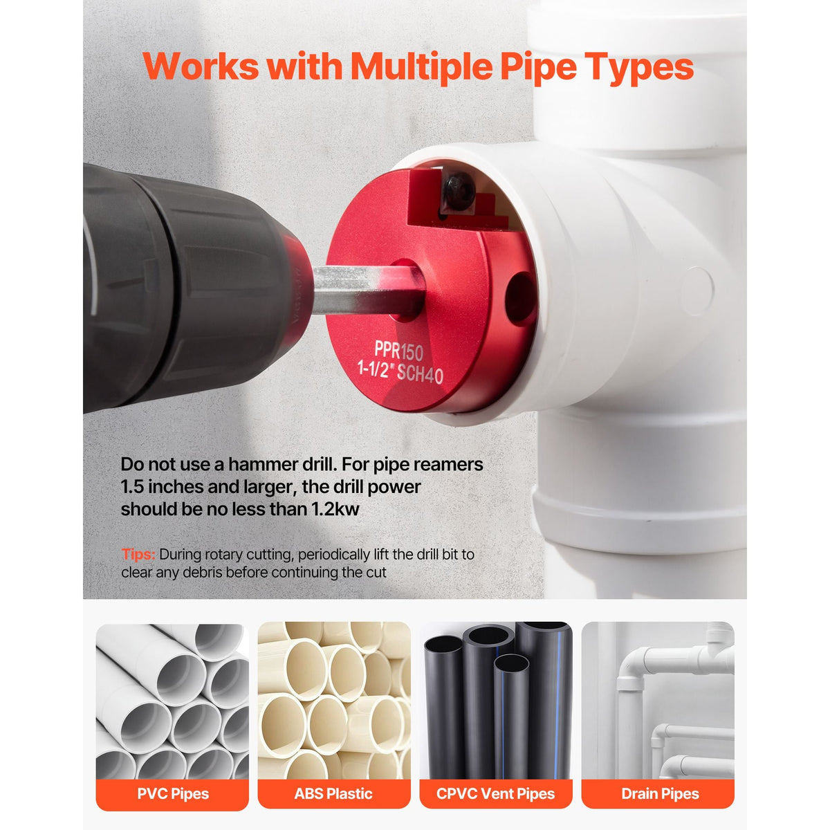PVC Pipe Reamer Kit, 5-Piece, PVC Fitting Socket Saver, Includes 1-1/4", 1-1/2", 2", 3", 4", Compatible with Standard 1/2" Drills, Plumbing Tool Kit for SCH40 ABS CPVC Vent Drain Water Pipes
