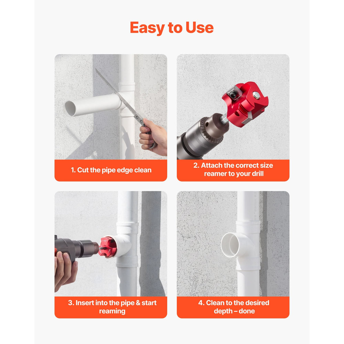 PVC Pipe Reamer Kit, 7-Piece, 3 Blades PVC Fitting Socket Saver, Includes 1/2", 3/4", 1", 1-1/2", 2", 3", 4", Fits Standard 1/2" Drills, Plumbing Tool Kit for SCH40 ABS CPVC Vent Drain Pipes