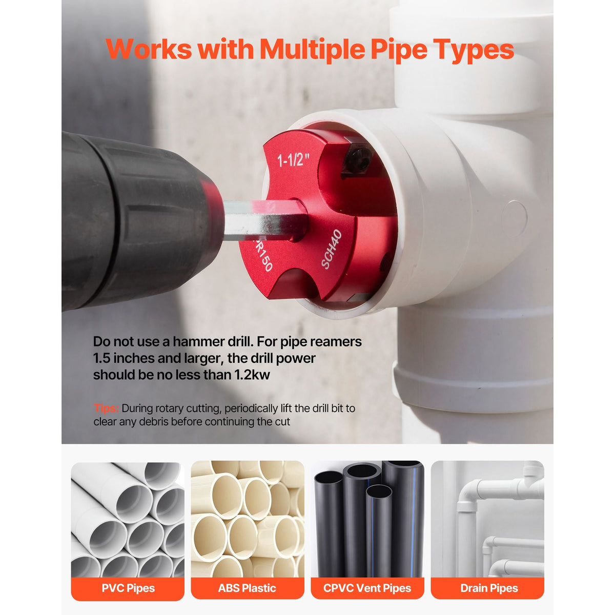 PVC Pipe Reamer Kit, 7-Piece, 3 Blades PVC Fitting Socket Saver, Includes 1/2", 3/4", 1", 1-1/2", 2", 3", 4", Fits Standard 1/2" Drills, Plumbing Tool Kit for SCH40 ABS CPVC Vent Drain Pipes