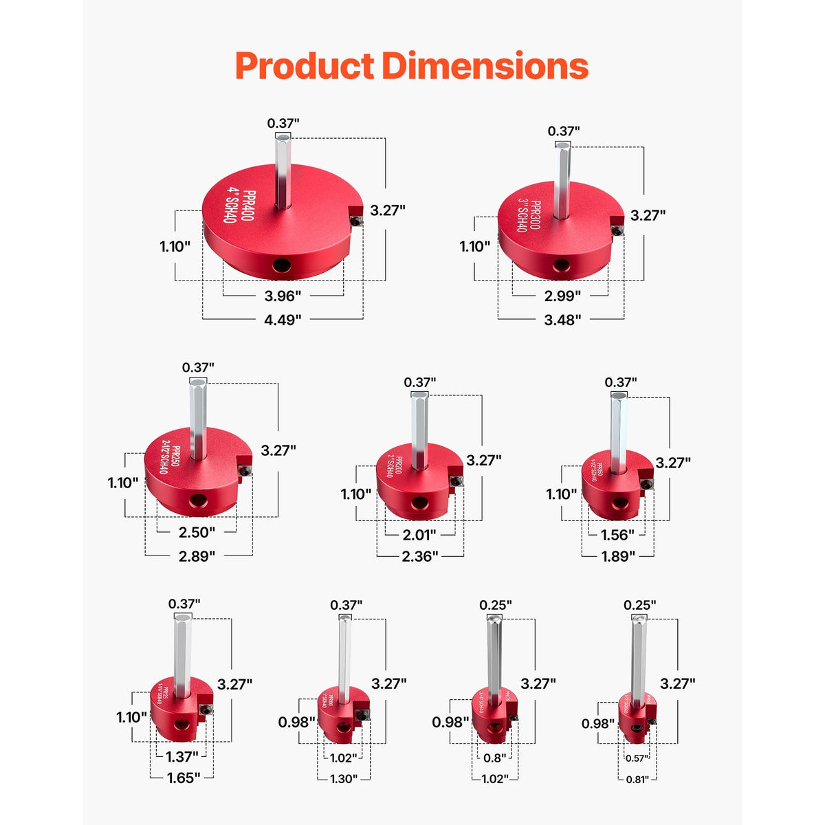 PVC Pipe Reamer Kit, 9-Piece, PVC Fitting Socket Saver, Includes 1/2", 3/4", 1", 1-1/4", 1-1/2", 2", 2-1/2", 3", 4", Fits Standard 1/2" Drills, Plumbing Tool Kit for SCH40 ABS CPVC Drain Pipes