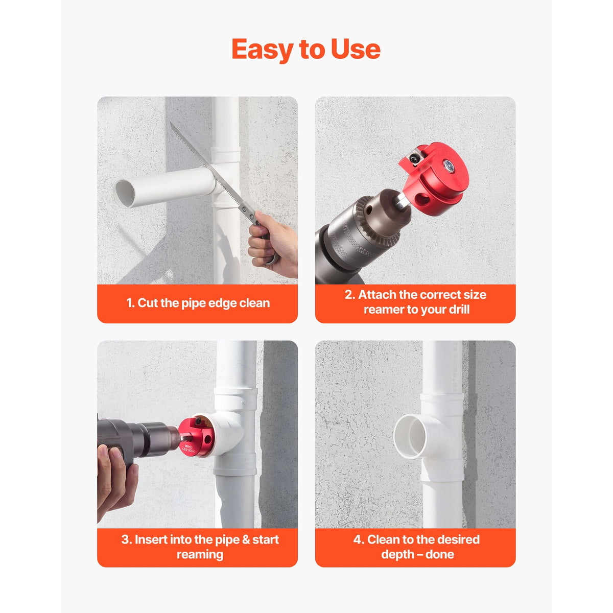 PVC Pipe Reamer Kit, 9-Piece, PVC Fitting Socket Saver, Includes 1/2", 3/4", 1", 1-1/4", 1-1/2", 2", 2-1/2", 3", 4", Fits Standard 1/2" Drills, Plumbing Tool Kit for SCH40 ABS CPVC Drain Pipes