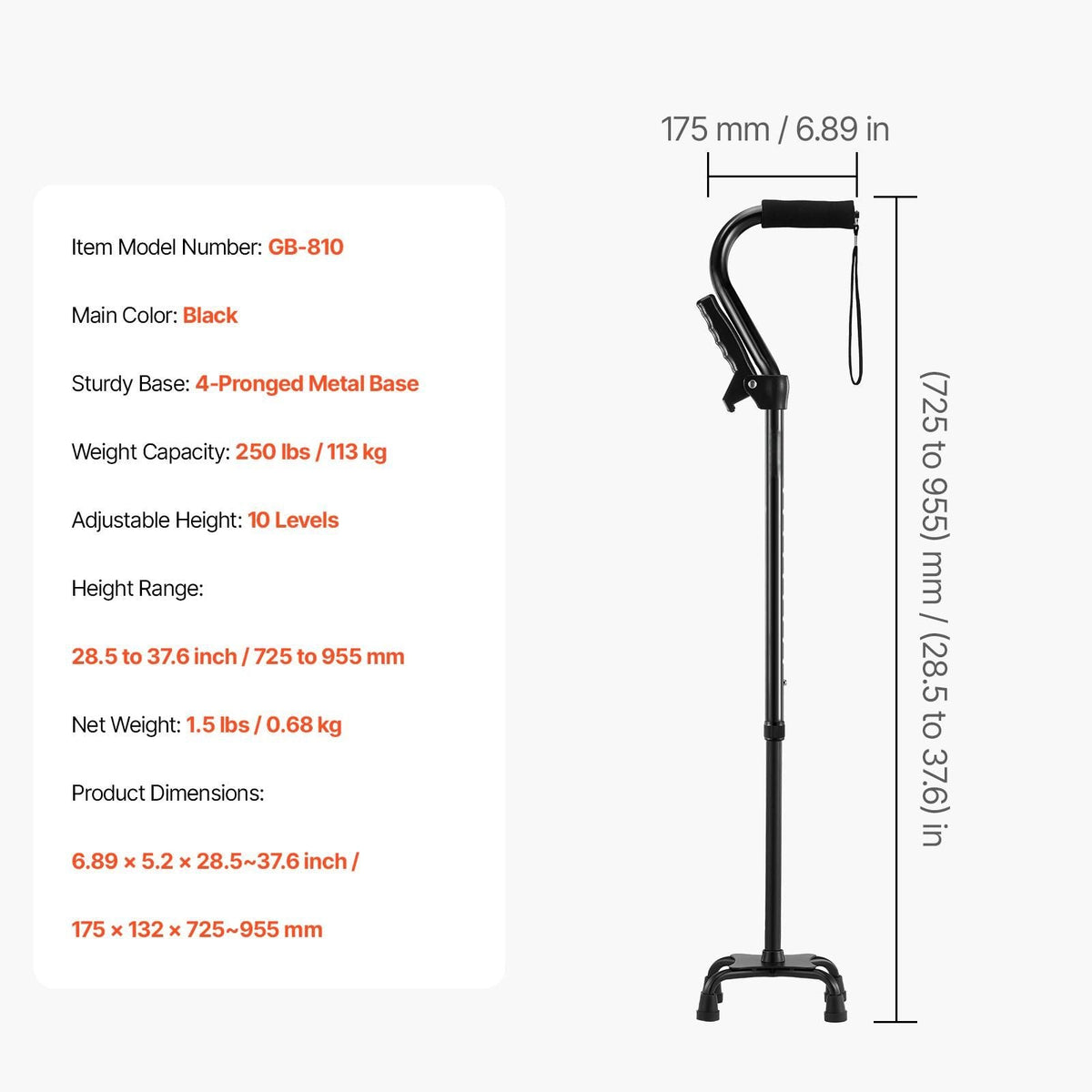 Quad Walking Cane, 10-Level Height Adjustable Walking Stick with 4-Pronged Stable Base, Lightweight & Portable Aluminum Mobility Walking Aid for Seniors Adults Man Woman, 250LBS Loading Capacity