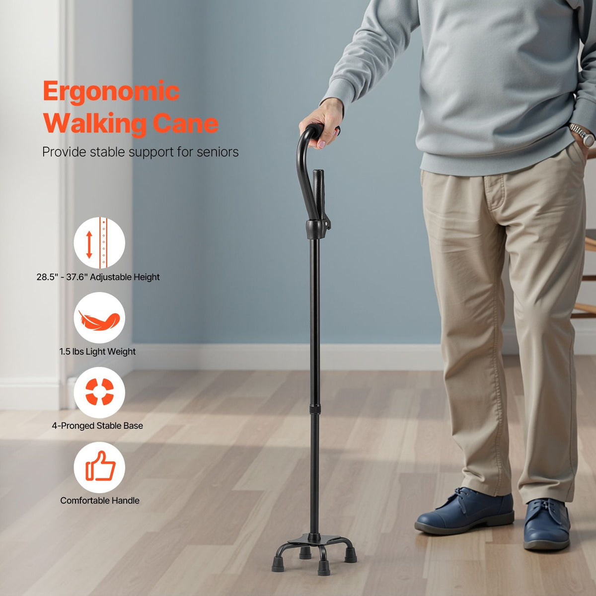 Quad Walking Cane, 10-Level Height Adjustable Walking Stick with 4-Pronged Stable Base, Lightweight & Portable Aluminum Mobility Walking Aid for Seniors Adults Man Woman, 250LBS Loading Capacity