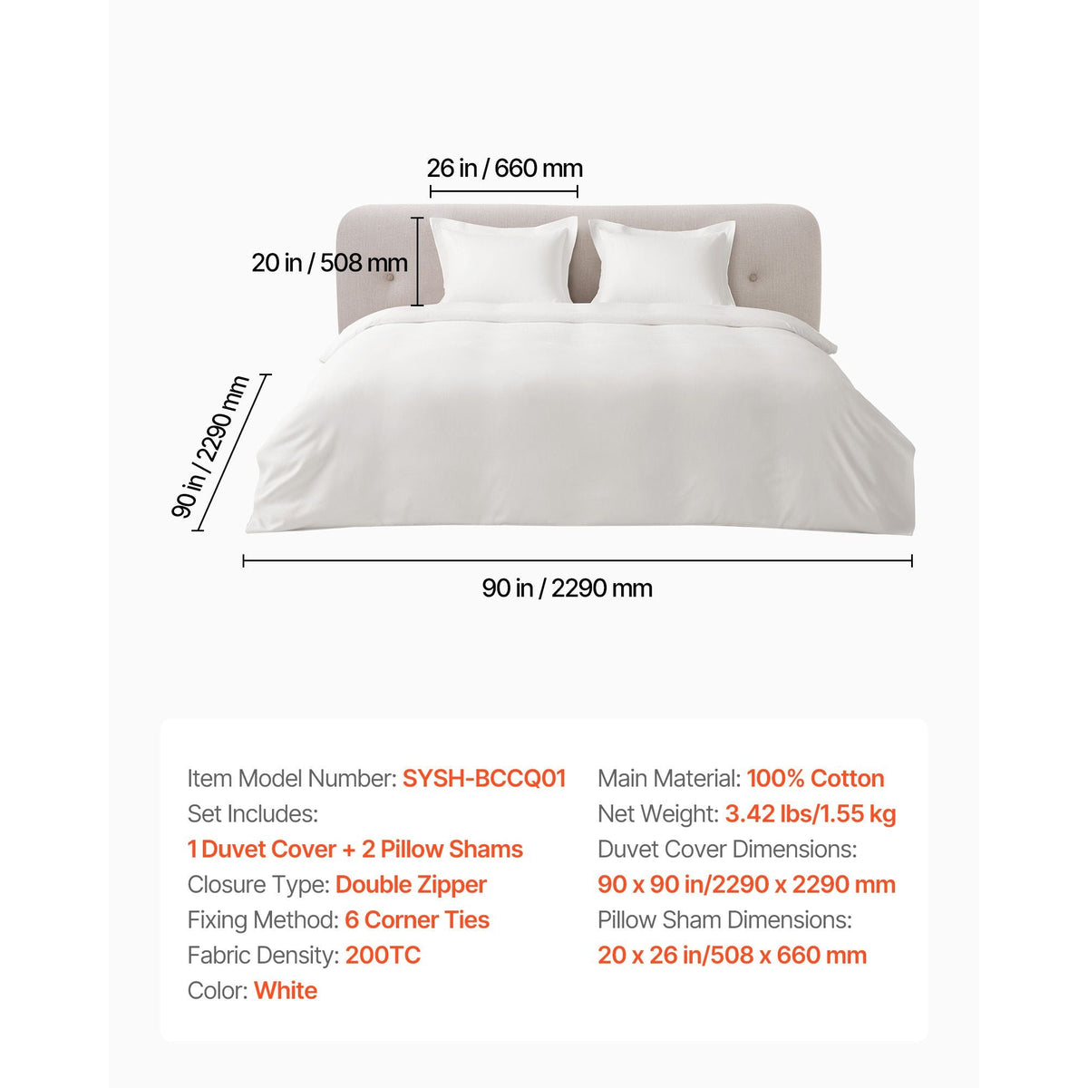 Queen Duvet Cover Set, 100% Cotton, 3 Pieces Bedding Set Queen Size with 1 Duvet Cover 90 x 90 in and 2 Pillow Shams 20 x 26 in, Soft Breathable, Double Zipper Closure, for Home Bedding, White