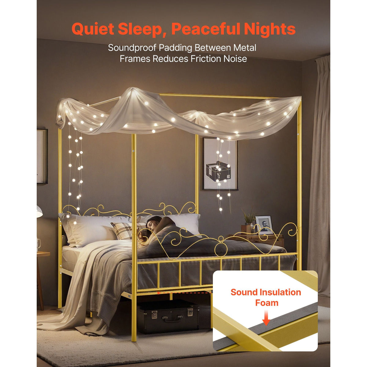 Queen Size Canopy Bed Frame, Metal Canopy Bed with Minimalist Headboard & Four Posters Design, Heavy Duty Steel Slats Support, Underbed Storage Space, No Box Spring Needed, Easy Assembly, Gold