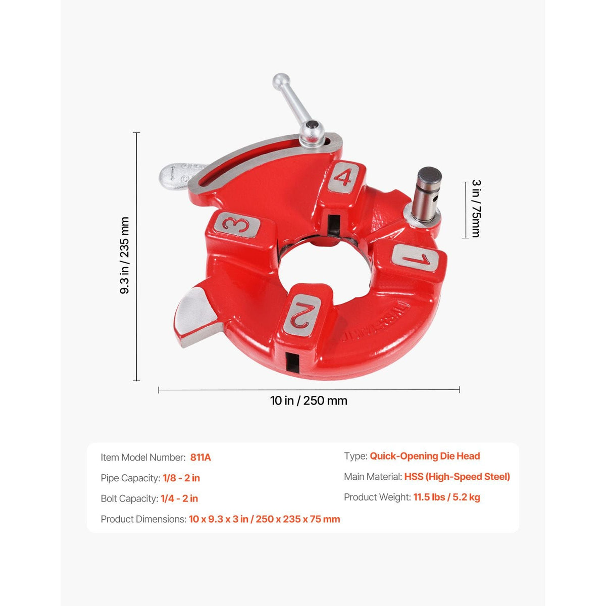 Quick Opening Die Head, 1/8" to 2" Right-Handed Pipe Threading Head, 1/4" to 2" Threading Die Head for Bolt, Self-Oiling for Reducing Friction, Fit for RIDGID 97065, Pipe Threading Machines