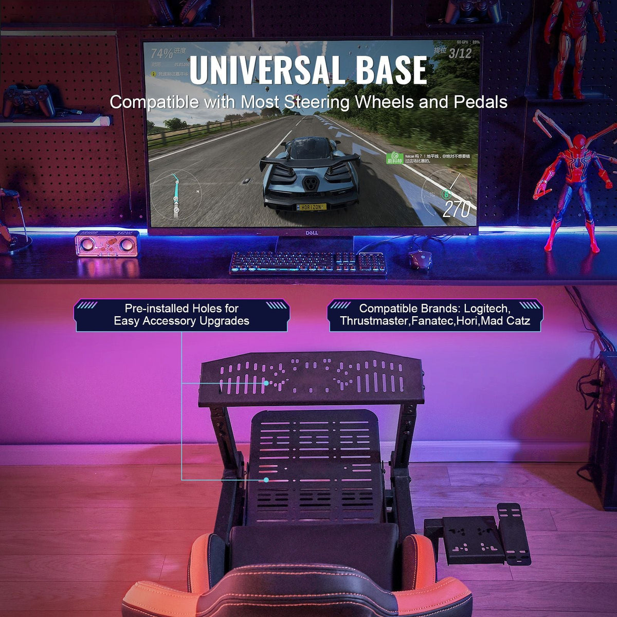 Racing Wheel Stand with Wheels For Logitech G923/G920/G29, Heavy Duty Steel Driving Simulator Cockpit-Thrustmaster T248P, Steering Wheel Bracket & Foot Pedal Adjustable, Max Load 330 LBS