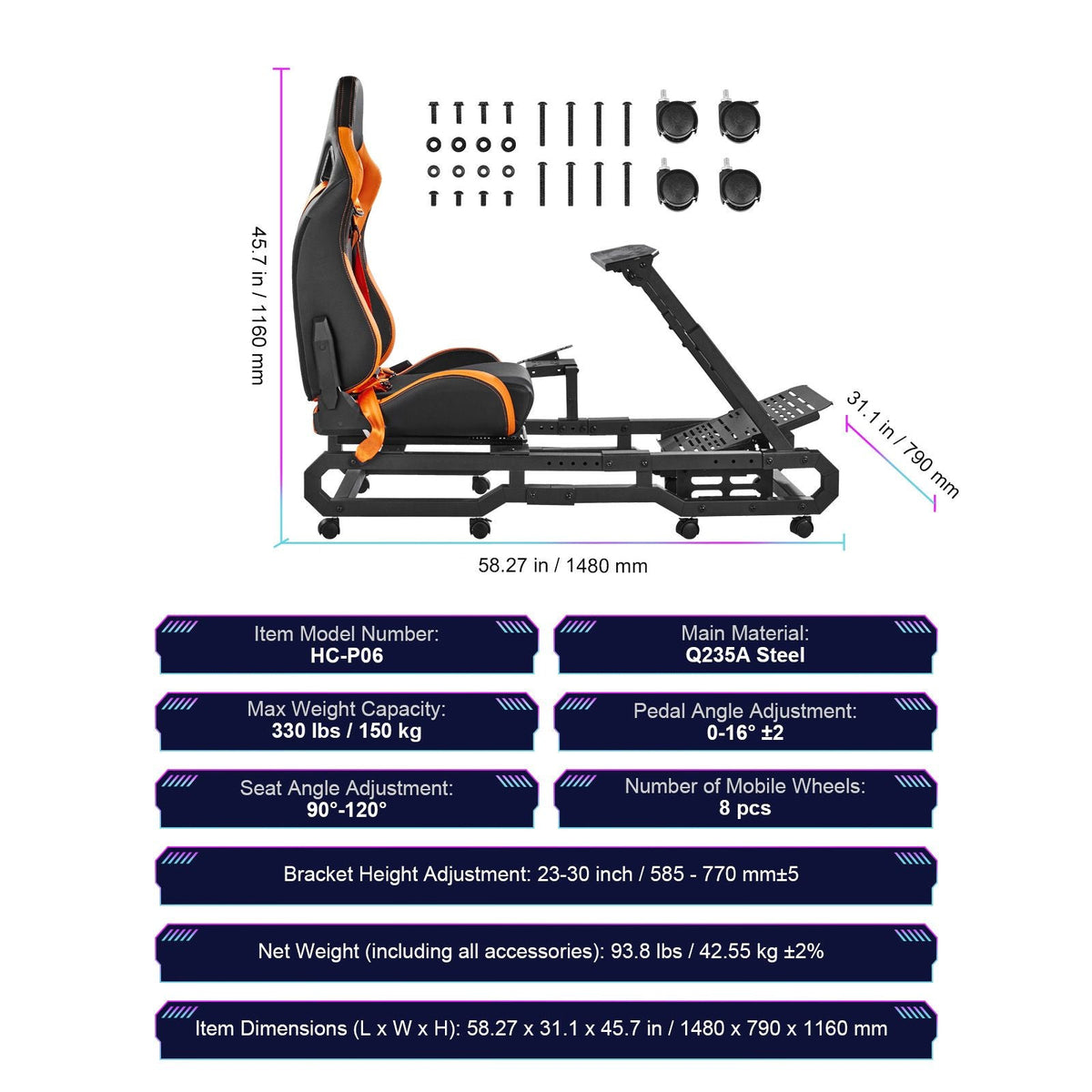 Racing Wheel Stand with Wheels For Logitech G923/G920/G29, Heavy Duty Steel Driving Simulator Cockpit-Thrustmaster T248P, Steering Wheel Bracket & Foot Pedal Adjustable, Max Load 330 LBS
