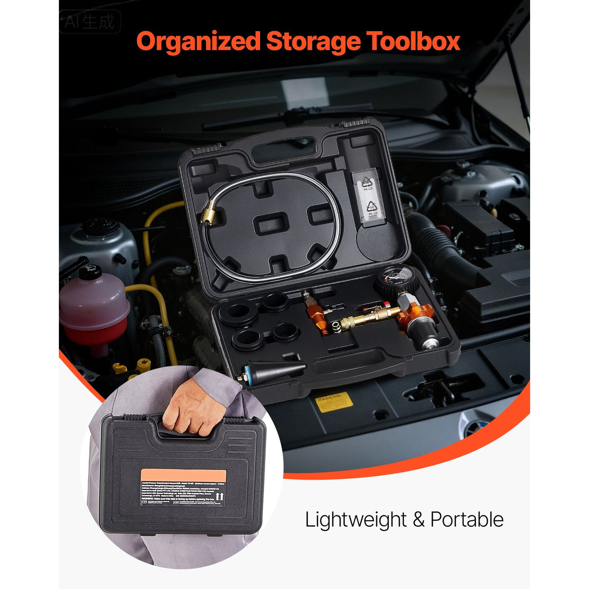 Radiator Vacuum Refill Kit, Automotives Cooling System Vacuum & Purge Fill Tool with Gauge, Portable Radiator Coolant Filling Kit with Toolbox, Universal Fit for Most Cars Vans SUVs and Trucks