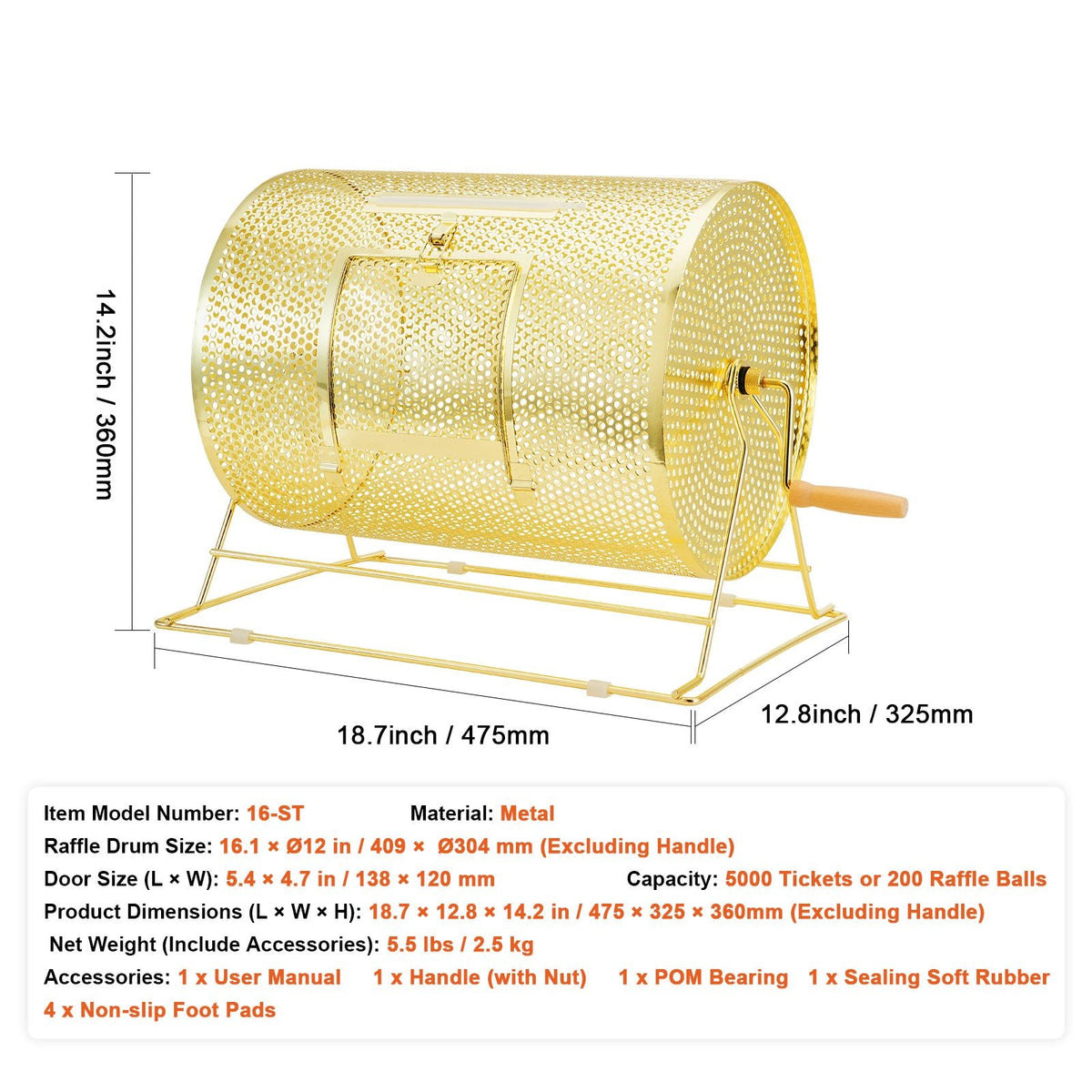 Raffle Drum, Holds 5000 Tickets or 200 Ping Pong Balls, Metal Lottery Spinning Drawing with Wooden Turning Handle,16.1 x Ø12 inch Brass Plated Raffle Ticket Spinning Cage, for Bingo Ballot Part