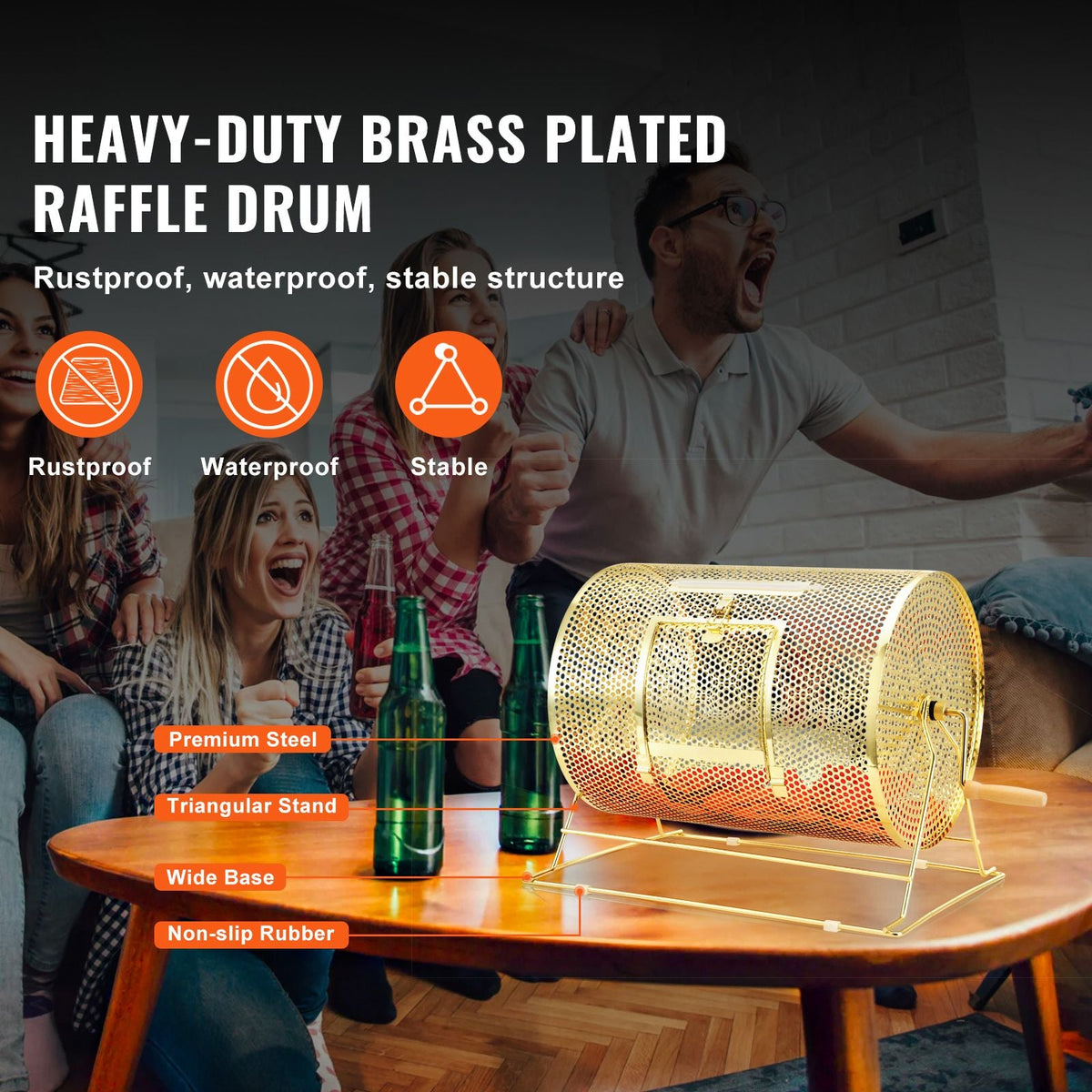 Raffle Drum, Holds 5000 Tickets or 200 Ping Pong Balls, Metal Lottery Spinning Drawing with Wooden Turning Handle,16.1 x Ø12 inch Brass Plated Raffle Ticket Spinning Cage, for Bingo Ballot Part