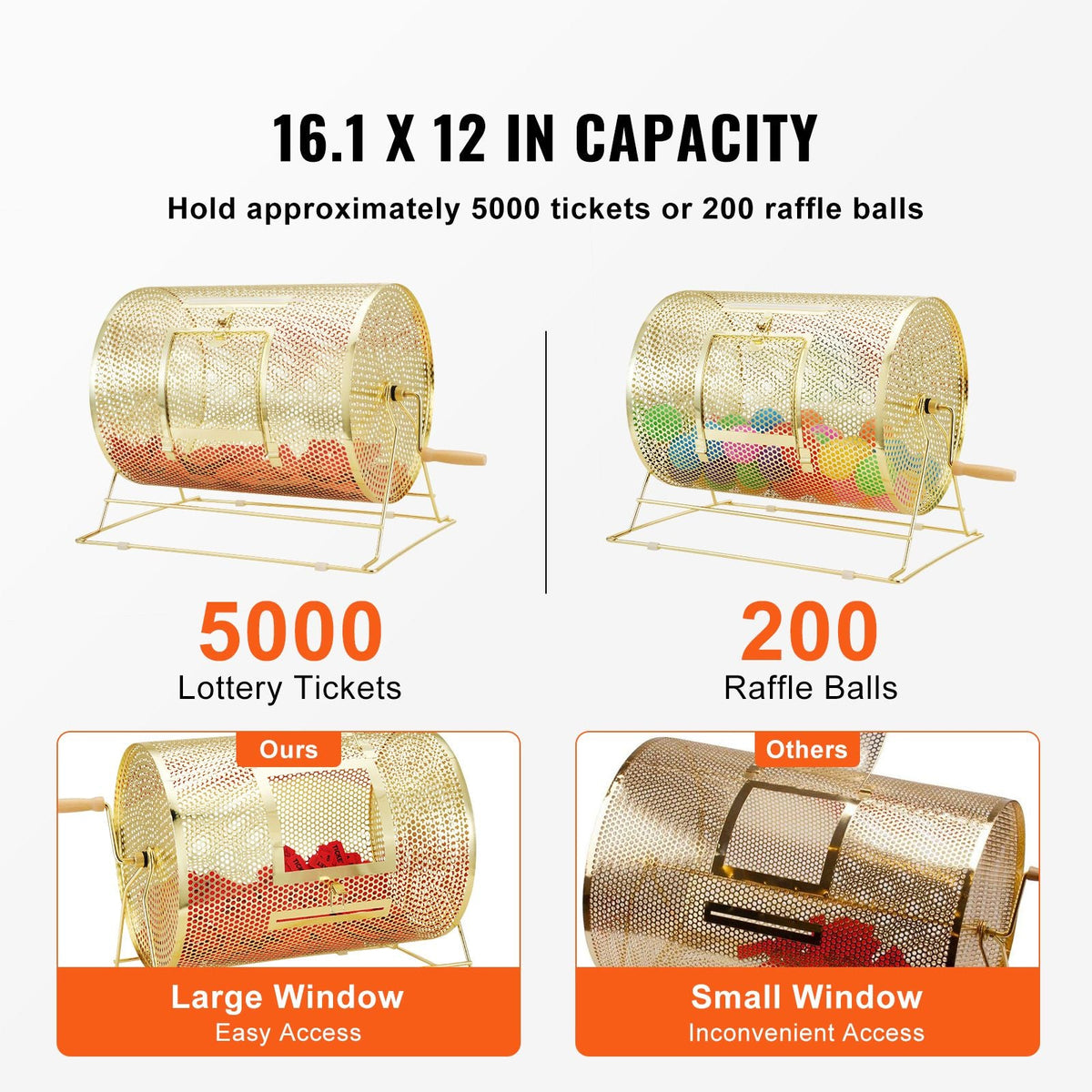 Raffle Drum, Holds 5000 Tickets or 200 Ping Pong Balls, Metal Lottery Spinning Drawing with Wooden Turning Handle,16.1 x Ø12 inch Brass Plated Raffle Ticket Spinning Cage, for Bingo Ballot Part