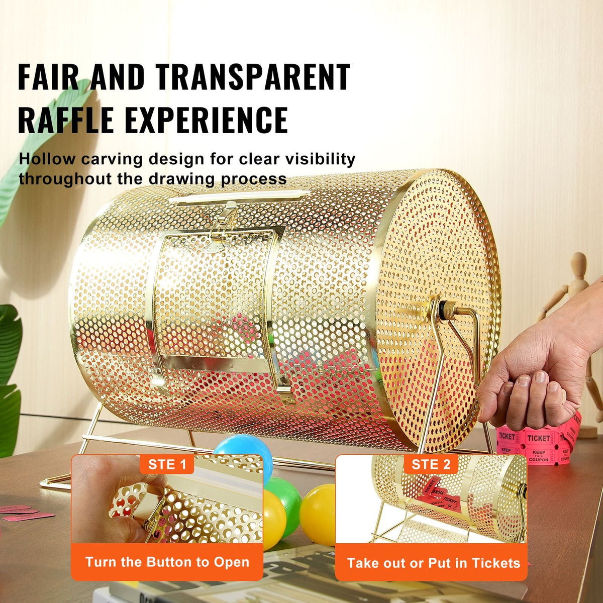 Raffle Drum, Holds 5000 Tickets or 200 Ping Pong Balls, Metal Lottery Spinning Drawing with Wooden Turning Handle,16.1 x Ø12 inch Brass Plated Raffle Ticket Spinning Cage, for Bingo Ballot Part
