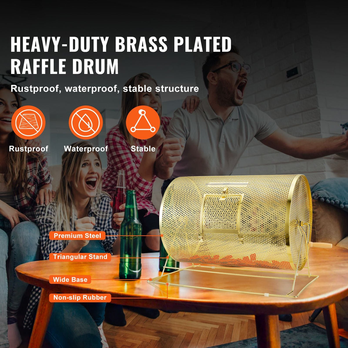 Raffle Drum,Holds 10000 Tickets or 300 Ping Pong Balls, Metal Lottery Spinning Drawing with Wooden Turning Handle, 14.8 x Ø21.26 inch Brass Plated Raffle Ticket Spinning Cage, for Bingo Ballot
