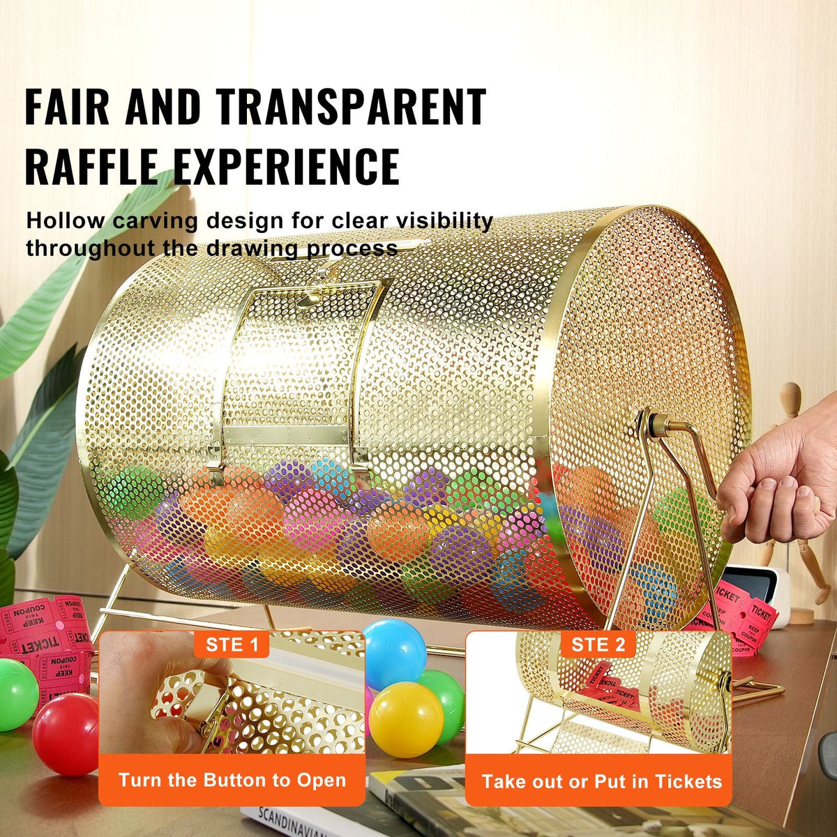 Raffle Drum,Holds 10000 Tickets or 300 Ping Pong Balls, Metal Lottery Spinning Drawing with Wooden Turning Handle, 14.8 x Ø21.26 inch Brass Plated Raffle Ticket Spinning Cage, for Bingo Ballot
