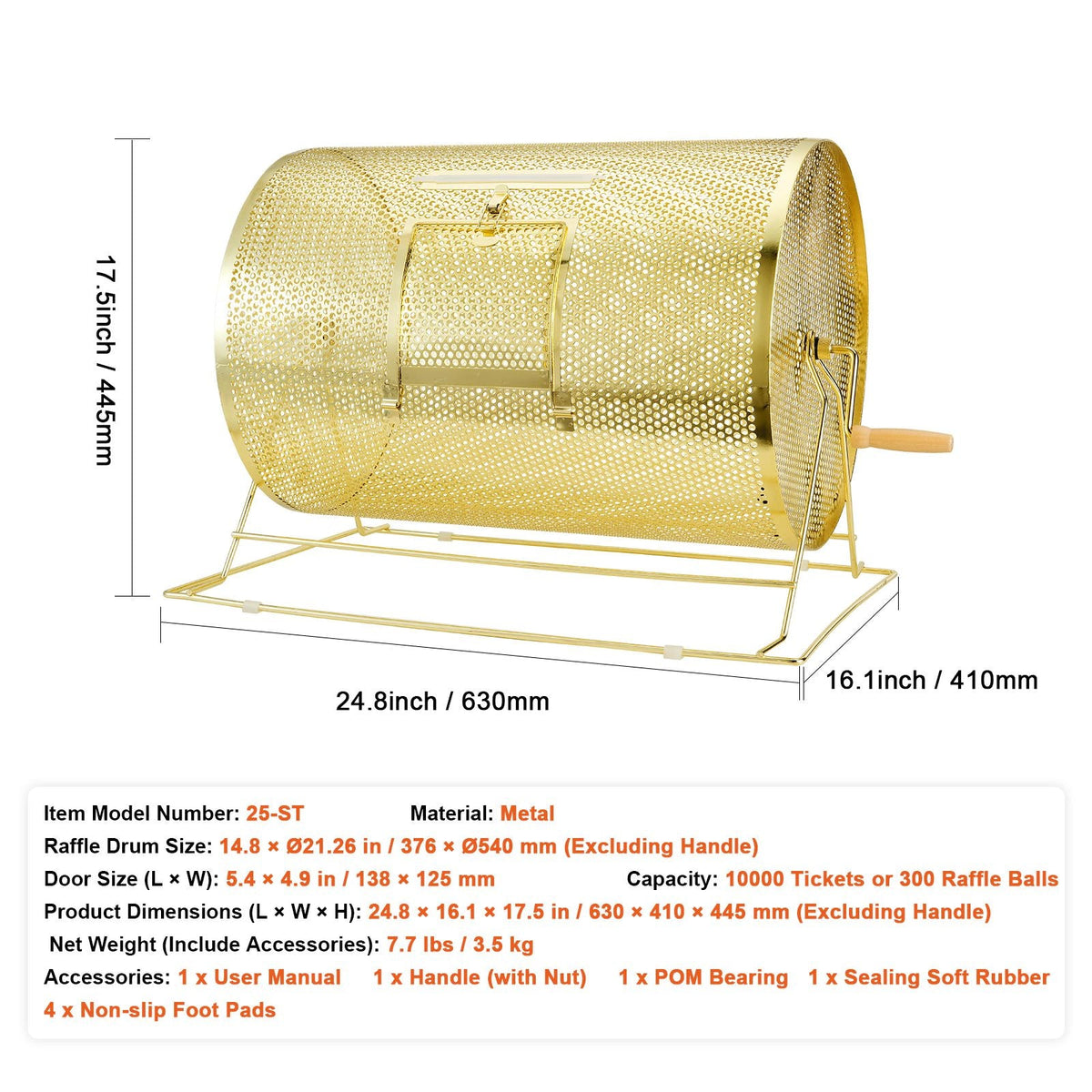 Raffle Drum,Holds 10000 Tickets or 300 Ping Pong Balls, Metal Lottery Spinning Drawing with Wooden Turning Handle, 14.8 x Ø21.26 inch Brass Plated Raffle Ticket Spinning Cage, for Bingo Ballot