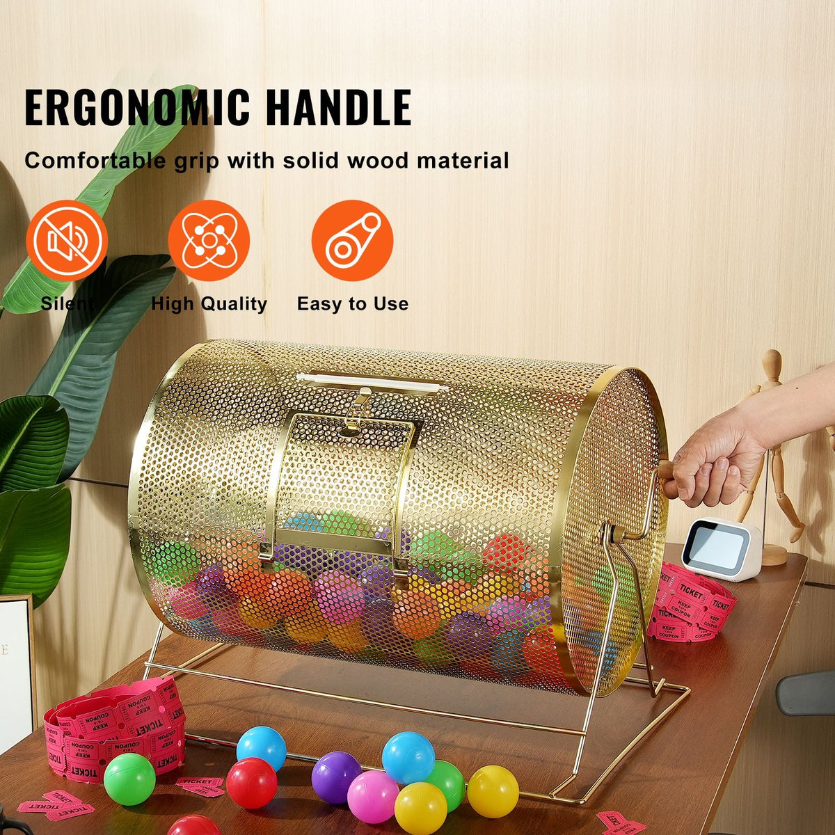 Raffle Drum,Holds 10000 Tickets or 300 Ping Pong Balls, Metal Lottery Spinning Drawing with Wooden Turning Handle, 14.8 x Ø21.26 inch Brass Plated Raffle Ticket Spinning Cage, for Bingo Ballot