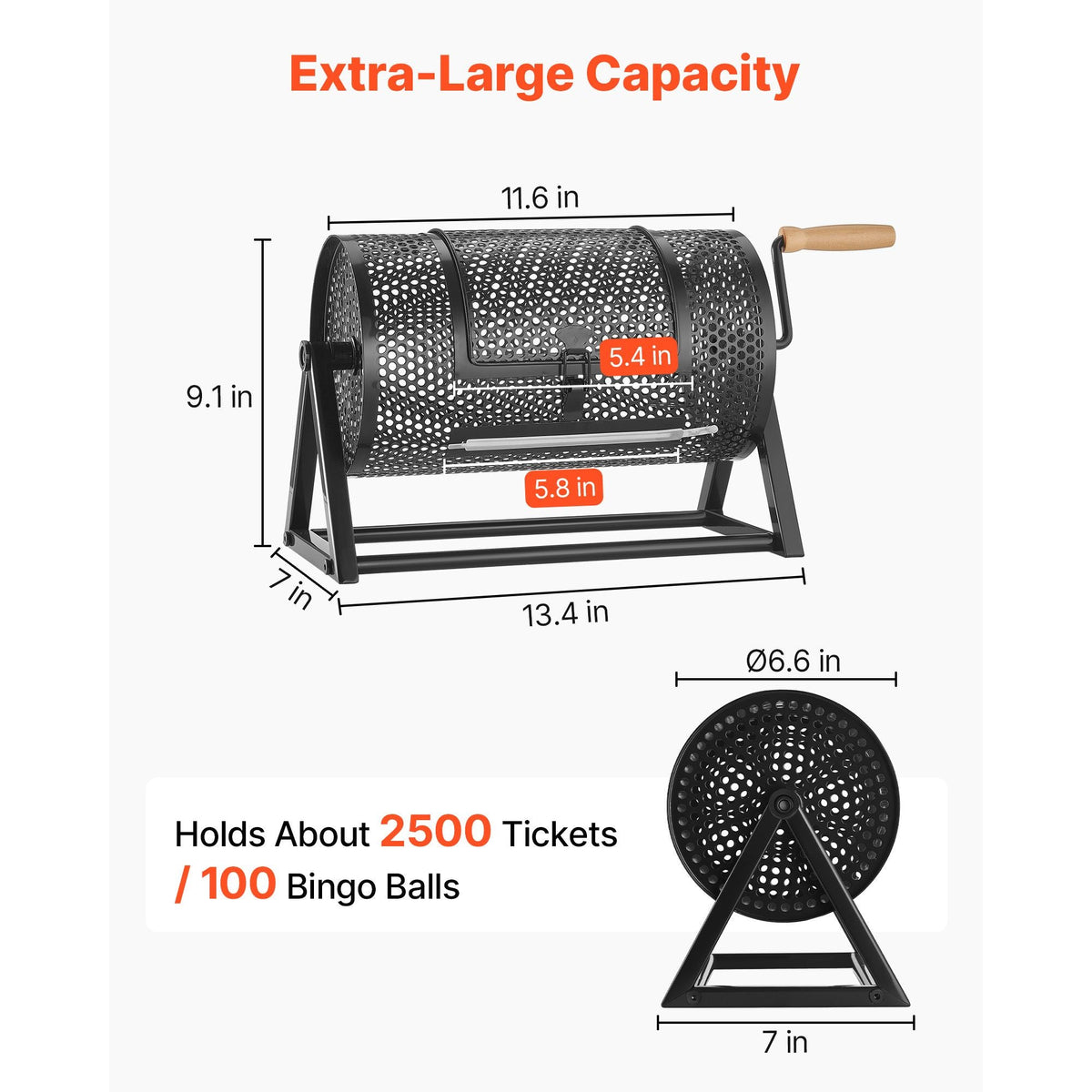 Raffle Ticket Spinner, 11.6" x 6.6" Holds 2500 Tickets or 100 Ping Pong Balls, Raffle Drum Lottery Spinning Cage with Reinforced Handle, Stable Triangular Stand, for Events and Gatherings, Black