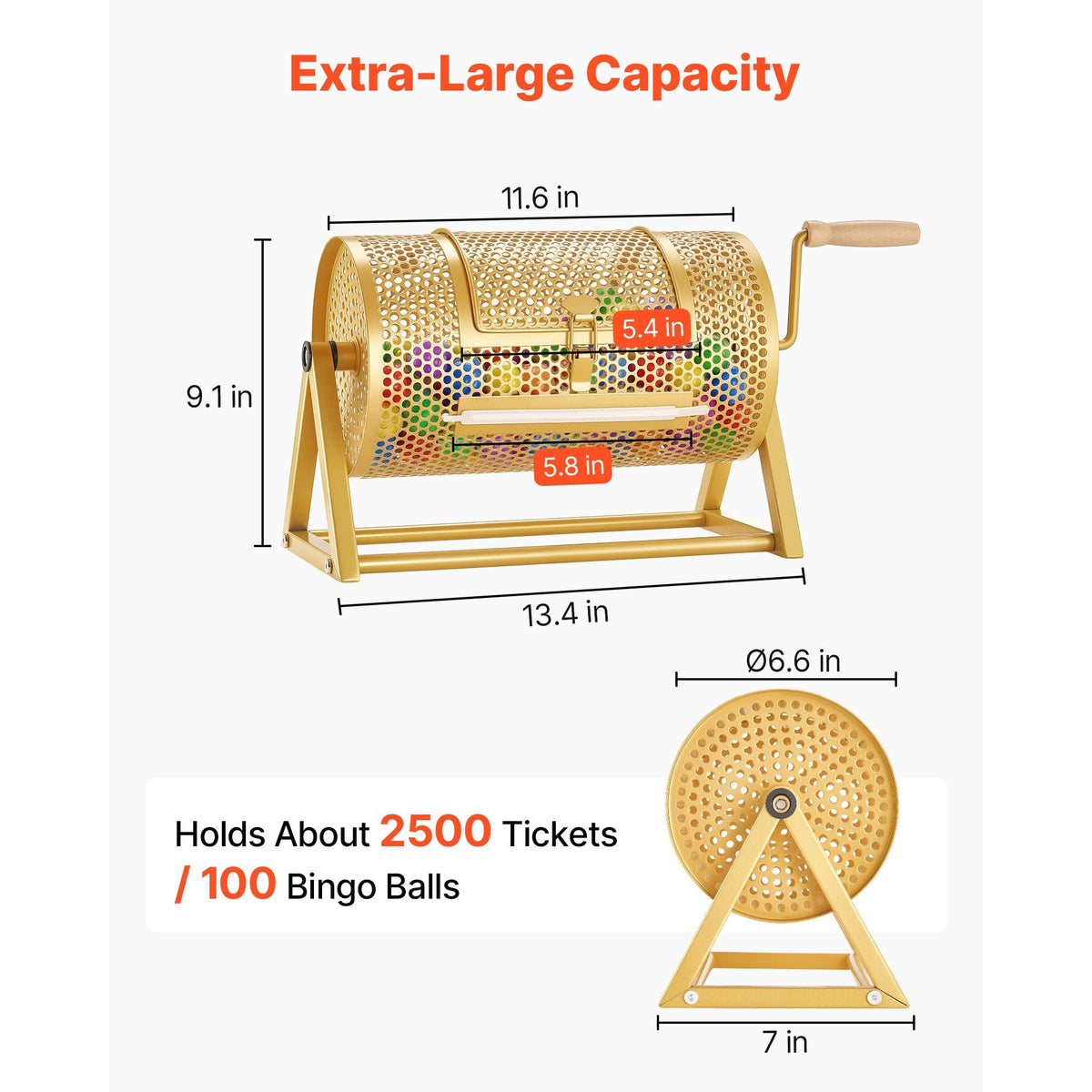 Raffle Ticket Spinner, 11.6" x 6.6" Holds 2500 Tickets or 100 Ping Pong Balls, Raffle Drum Lottery Spinning Cage with Reinforced Handle, Stable Triangular Stand, for Events and Gatherings, Gold