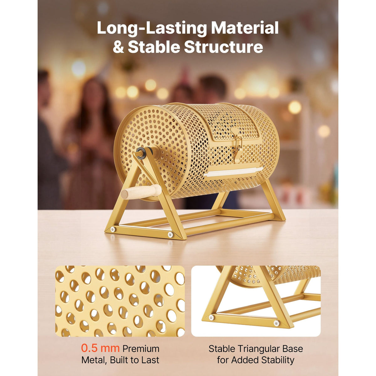 Raffle Ticket Spinner, 11.6" x 6.6" Holds 2500 Tickets or 100 Ping Pong Balls, Raffle Drum Lottery Spinning Cage with Reinforced Handle, Stable Triangular Stand, for Events and Gatherings, Gold