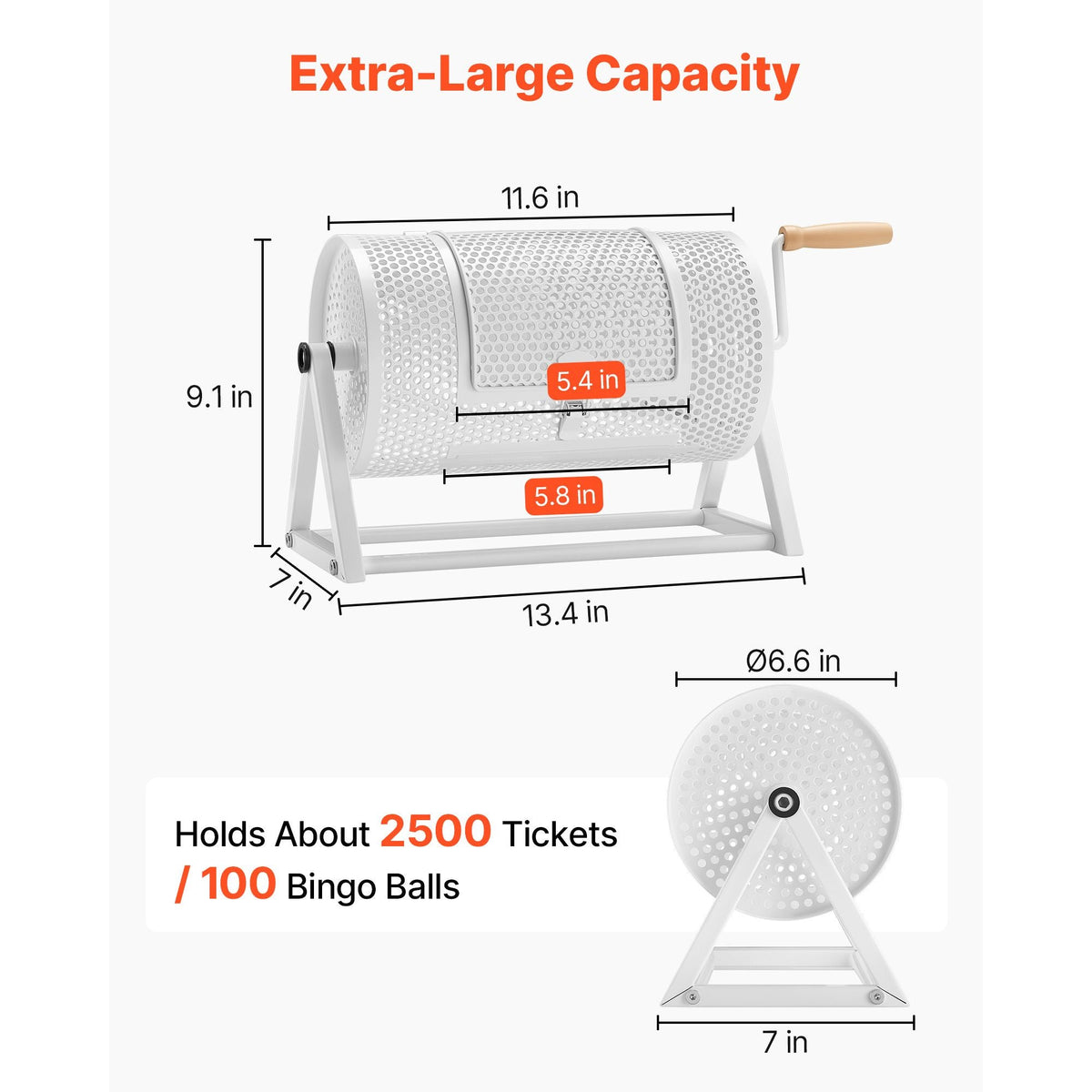 Raffle Ticket Spinner, 11.6" x 6.6" Holds 2500 Tickets or 100 Ping Pong Balls, Raffle Drum Lottery Spinning Cage with Reinforced Handle, Stable Triangular Stand, for Events and Gatherings, White