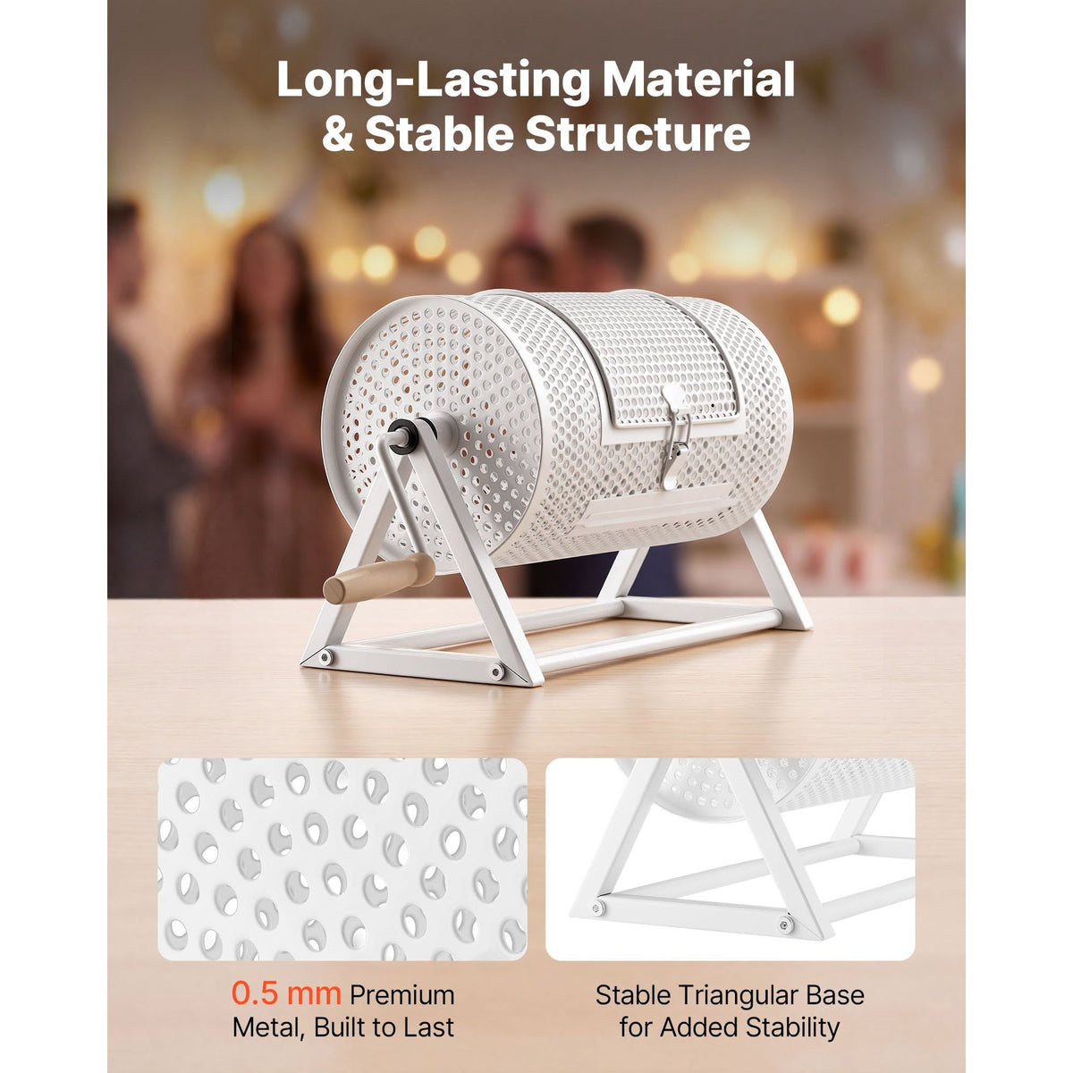 Raffle Ticket Spinner, 11.6" x 6.6" Holds 2500 Tickets or 100 Ping Pong Balls, Raffle Drum Lottery Spinning Cage with Reinforced Handle, Stable Triangular Stand, for Events and Gatherings, White