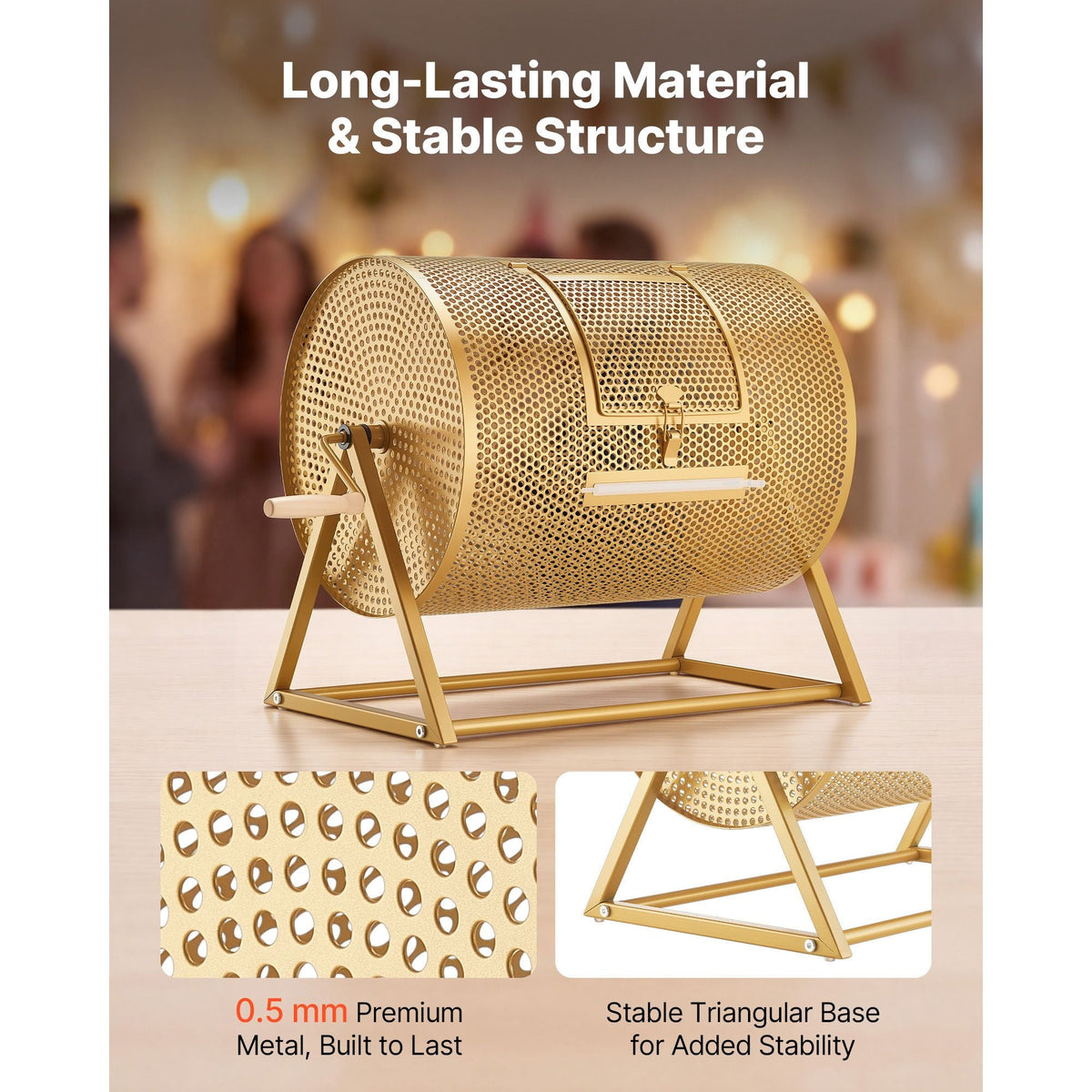 Raffle Ticket Spinner, 16.1" x 11.9" Holds 5000 Tickets or 200 Ping Pong Balls, Raffle Drum Lottery Spinning Cage with Reinforced Handle, Stable Triangular Stand, for Events and Gatherings, Gold