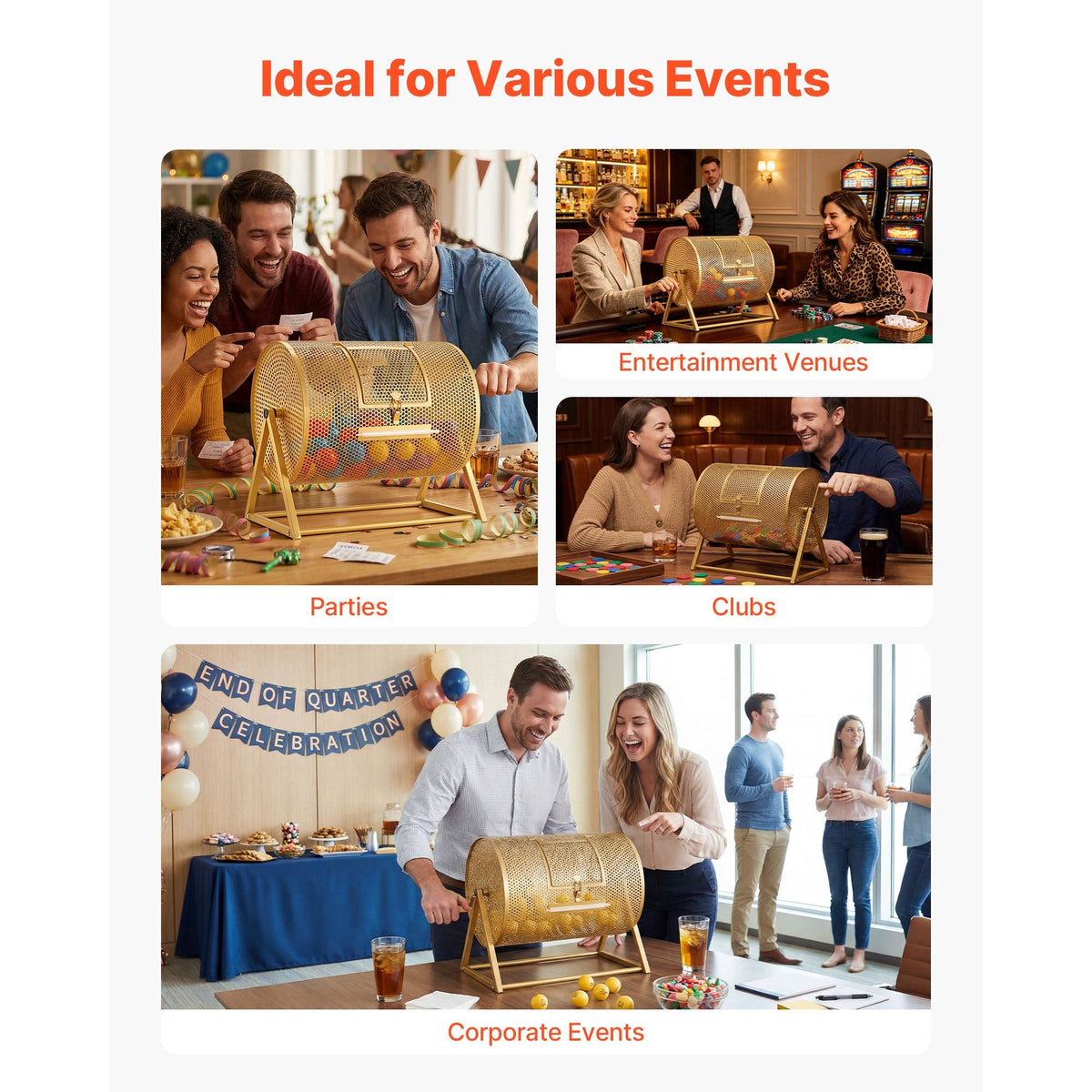 Raffle Ticket Spinner, 16.1" x 11.9" Holds 5000 Tickets or 200 Ping Pong Balls, Raffle Drum Lottery Spinning Cage with Reinforced Handle, Stable Triangular Stand, for Events and Gatherings, Gold