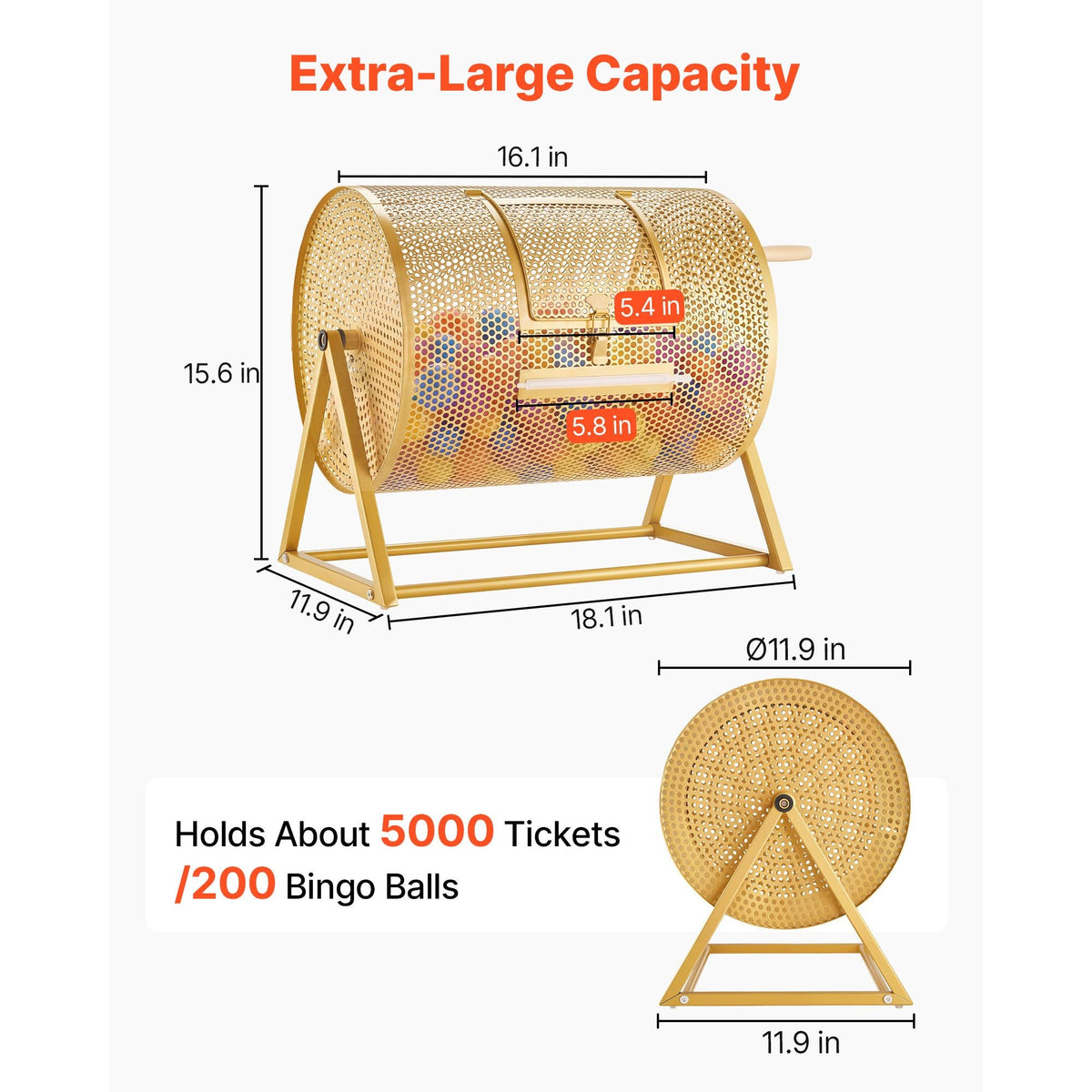 Raffle Ticket Spinner, 16.1" x 11.9" Holds 5000 Tickets or 200 Ping Pong Balls, Raffle Drum Lottery Spinning Cage with Reinforced Handle, Stable Triangular Stand, for Events and Gatherings, Gold