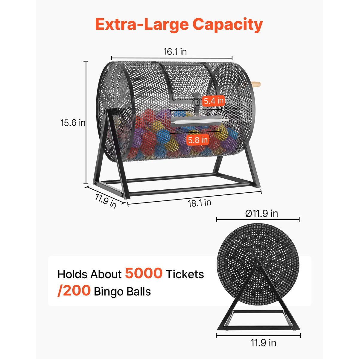 Raffle Ticket Spinner, 16.1" x 11.9" Holds 5000 Tickets or 200 Ping Pong Balls, Raffle Drum Lottery Spinning Cage with Reinforced Handle, Stable Triangular Stand, for Events, Gatherings, Black