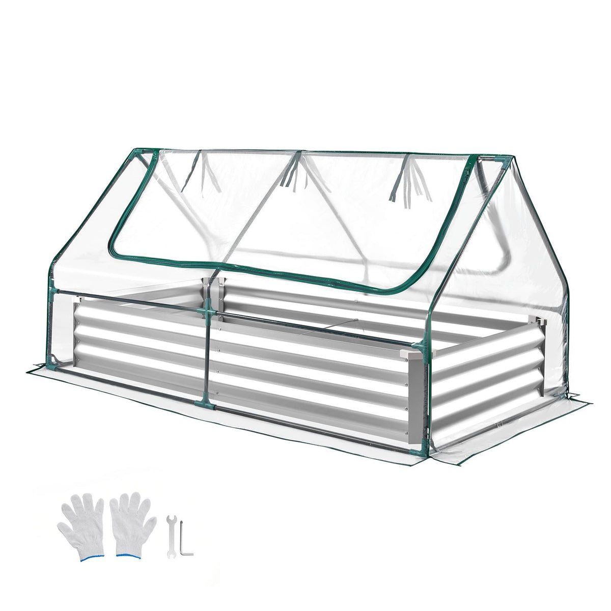 Raised Garden Bed with Cover, 6 x 3 x 1 ft, Rectangular Galvanized Metal Planter Box Kit Outdoor, with PE Greenhouse Cover & Gloves, Rustproof Alu-Zinc, for Growing Flowers Vegetables, Silver