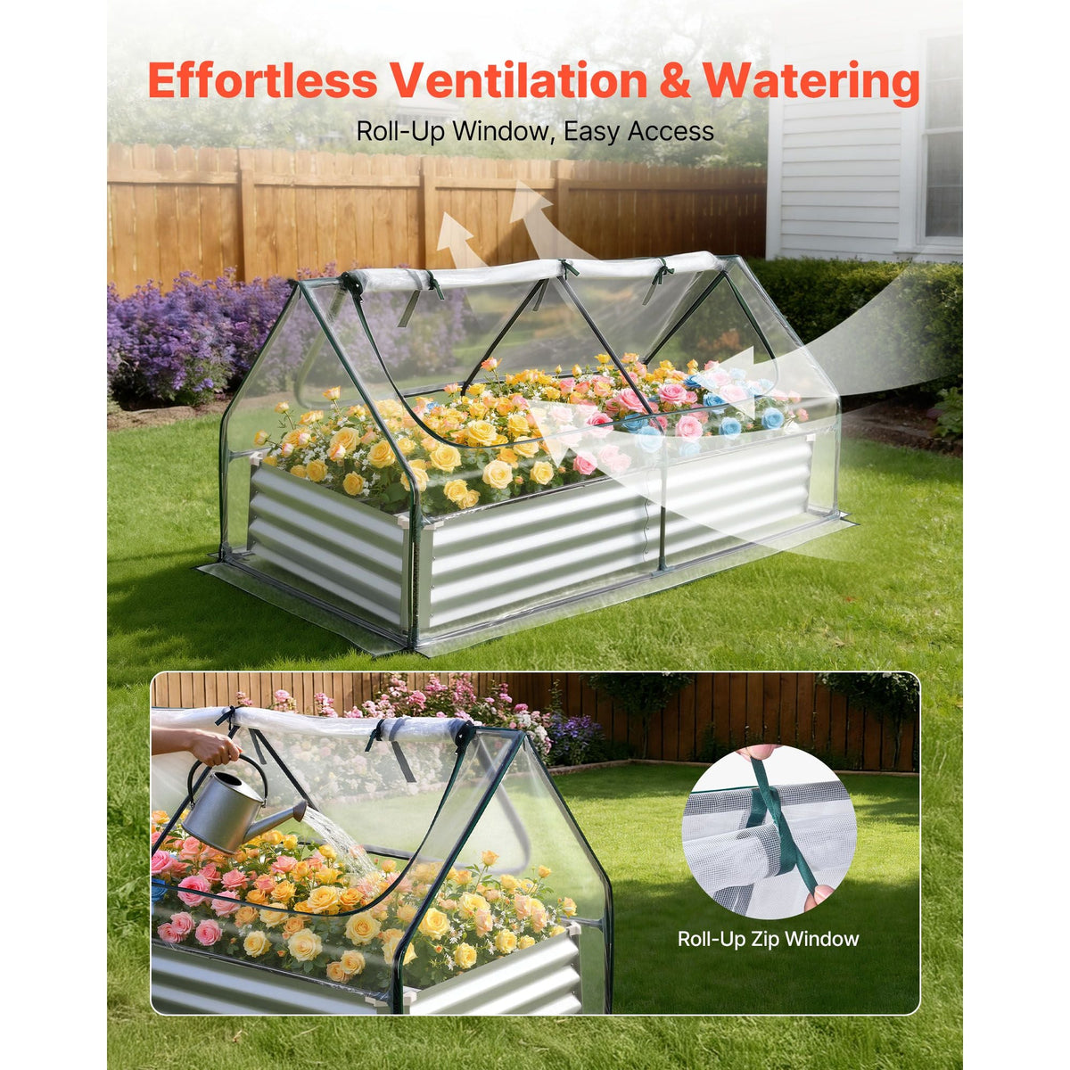 Raised Garden Bed with Cover, 6 x 3 x 1 ft, Rectangular Galvanized Metal Planter Box Kit Outdoor, with PE Greenhouse Cover & Gloves, Rustproof Alu-Zinc, for Growing Flowers Vegetables, Silver