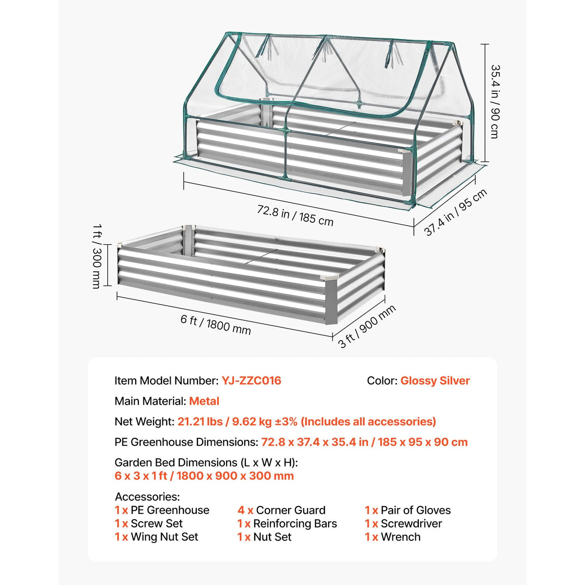 Raised Garden Bed with Cover, 6 x 3 x 1 ft, Rectangular Galvanized Metal Planter Box Kit Outdoor, with PE Greenhouse Cover & Gloves, Rustproof Alu-Zinc, for Growing Flowers Vegetables, Silver