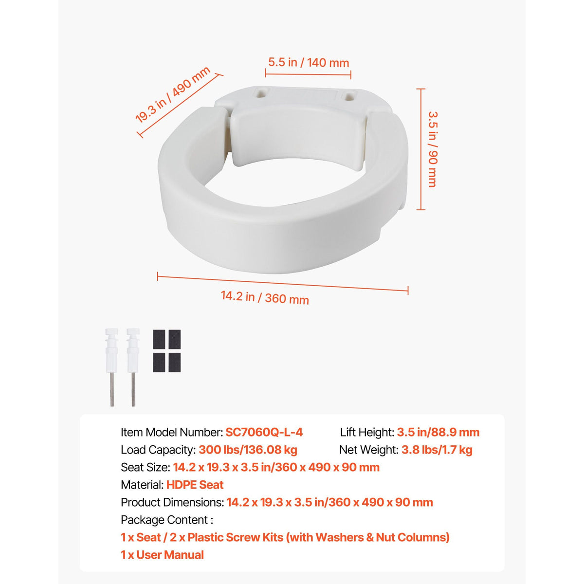 Raised Toilet Seat, 300 lbs Load Capacity, 3.5-Inch Lift Height, Commode Elevated Toilet Seat Riser with Enlarged Opening for Seniors, Elderly, Handicap, Disabled, Adults, Fits Elongated Bowl