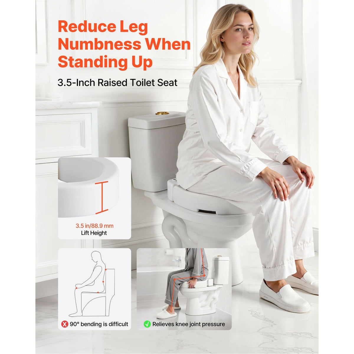 Raised Toilet Seat, 300 lbs Load Capacity, 3.5-Inch Lift Height, Commode Elevated Toilet Seat Riser with Enlarged Opening for Seniors, Elderly, Handicap, Disabled, and Adults, Fits Round Bowl