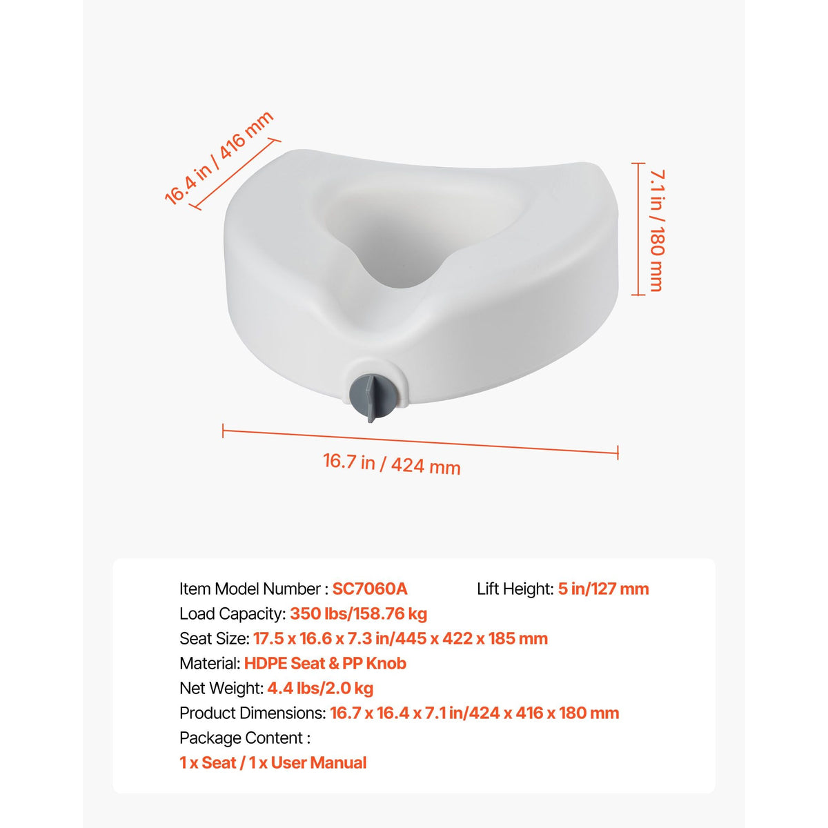 Raised Toilet Seat, 350 lbs Capacity, 5-Inch Lift Height, Commode Elevated Toilet Seat Riser with Enlarged Opening for Seniors, Elderly, Handicap, Disabled, Adults, Fits Elongated & Round Bowl