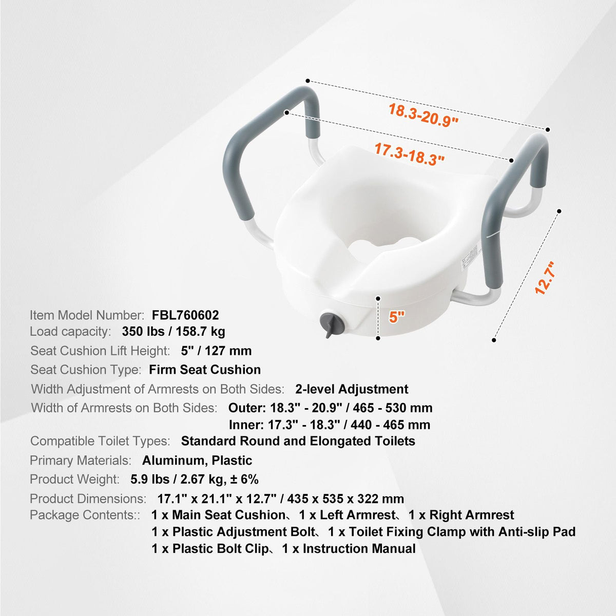Raised Toilet Seat, 5" Height Raised, 350 lbs Weight Capacity, for Round and Elongated Toilet, Twist Lock Installation,19.1" - 21.7" Adjustable Width, for Elderly, Handicap, Patient, Pregnant, M