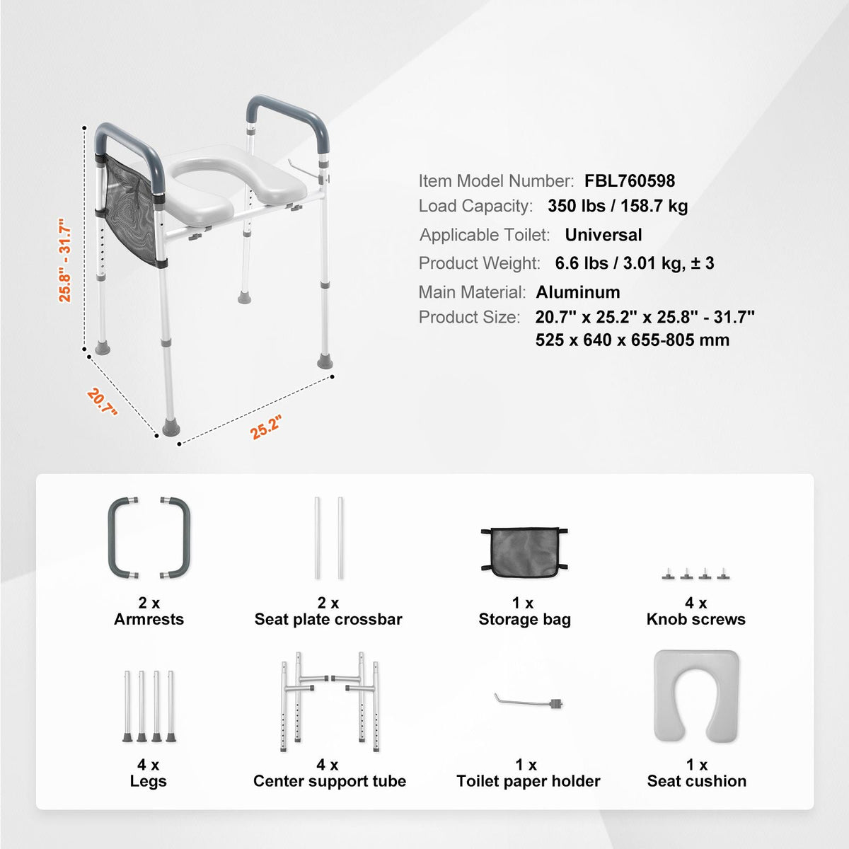 Raised Toilet Seat, 7-Position Height Adjustment 19.3" - 25.2", 350lbs Weight Capacity, with Comfort Padded Aluminum Frame, Universal Toilet Seat Riser, for Elderly, Handicap, Pregnant, Medical