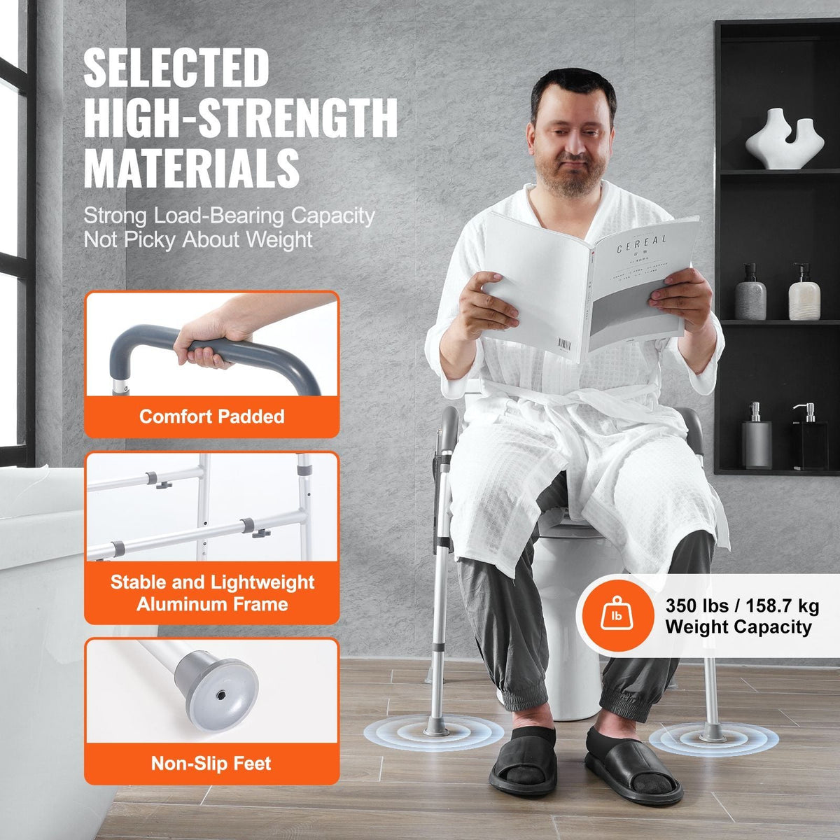 Raised Toilet Seat, 7-Position Height Adjustment 19.3" - 25.2", 350lbs Weight Capacity, with Comfort Padded Aluminum Frame, Universal Toilet Seat Riser, for Elderly, Handicap, Pregnant, Medical