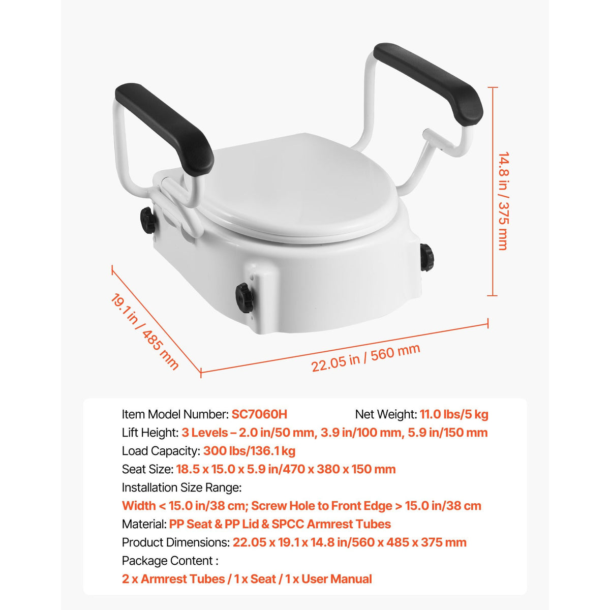 Raised Toilet Seat with Arms, 300 lbs Load Capacity, 3-Level Adjustable Height, Widened Commode Elevated Toilet Seat Riser with Padded Handles for Seniors, Elderly, Handicap, Disabled, Adults