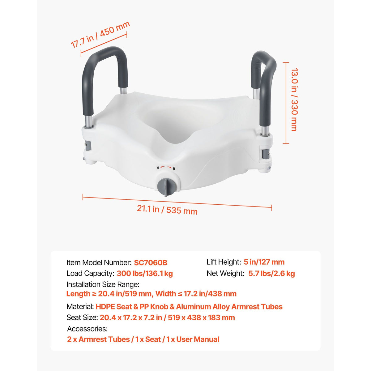 Raised Toilet Seat with Arms, 300 lbs Load Capacity, 5-Inch Lift Height, Widened Commode Elevated Toilet Seat Riser with Padded Handles for Seniors, Elderly, Handicap, Disabled, and Adults Use