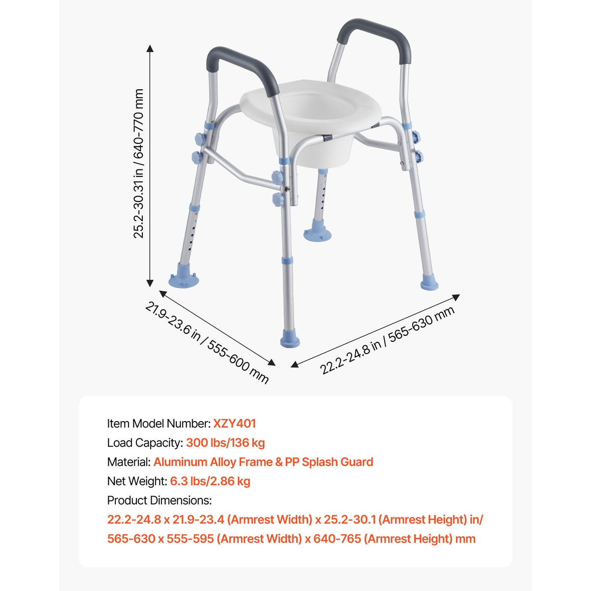 Raised Toilet Seat with Arms, 300 lbs Load Capacity, Adjustable Height, Widened Commode Elevated Toilet Seat Riser with Handles and Splash Guard for Seniors, Elderly, Handicap, Disabled, Adults
