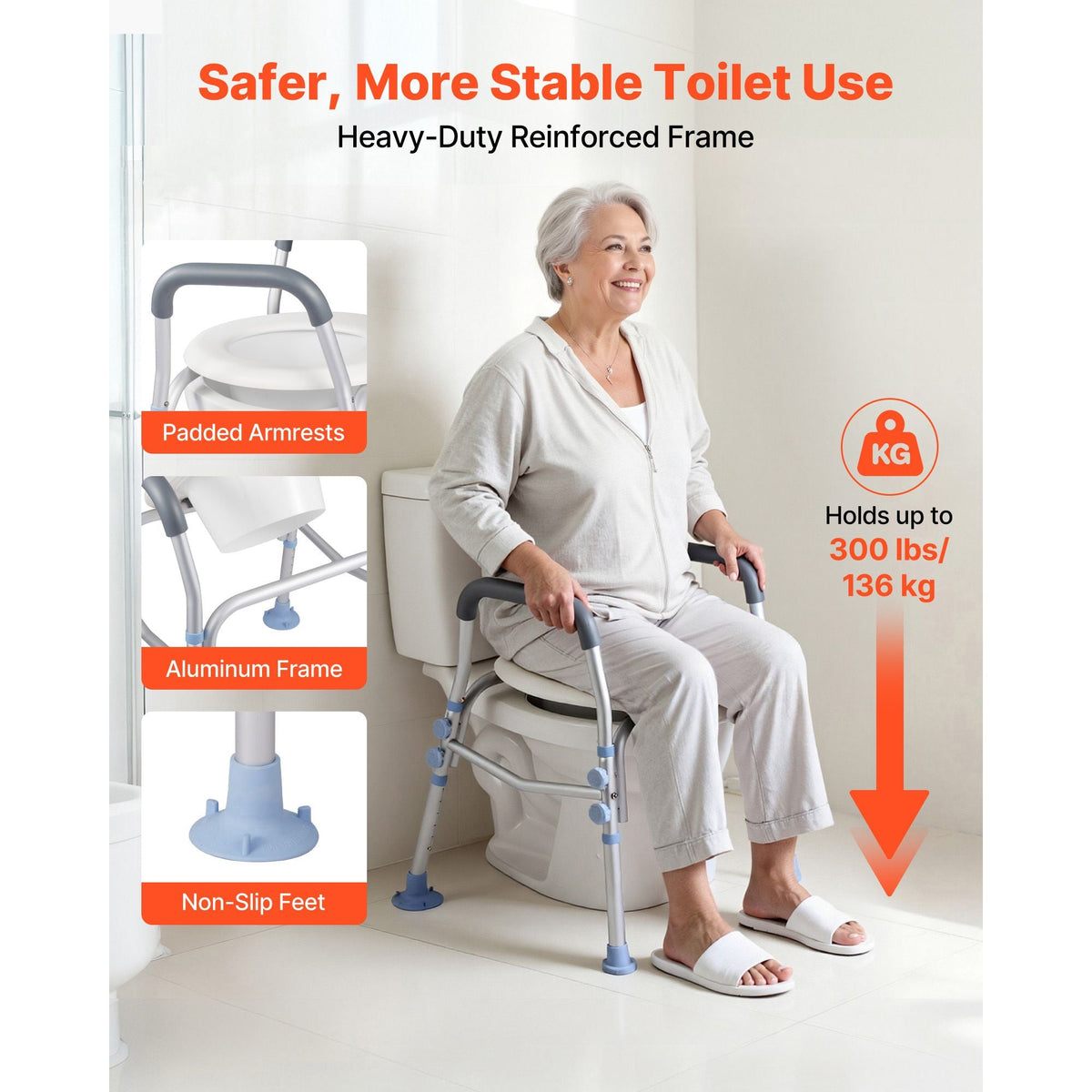 Raised Toilet Seat with Arms, 300 lbs Load Capacity, Adjustable Height, Widened Commode Elevated Toilet Seat Riser with Handles and Splash Guard for Seniors, Elderly, Handicap, Disabled, Adults