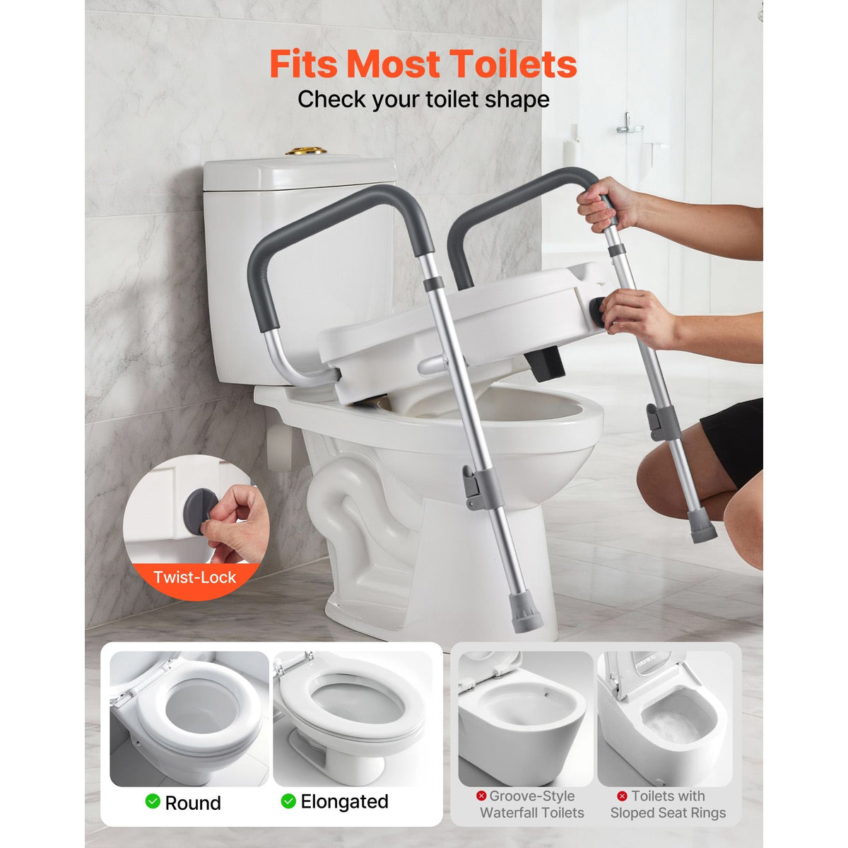 Raised Toilet Seat with Arms, 350 lbs Capacity, 5-Inch Lift Height & Adjustable Width, Widened Commode Elevated Toilet Seat Riser with Handles for Seniors, Elderly, Handicap, Disabled, Adults