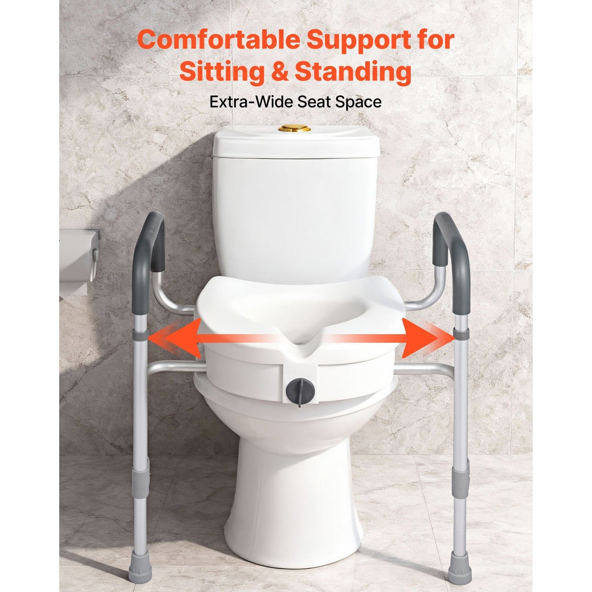 Raised Toilet Seat with Arms, 350 lbs Capacity, 5-Inch Lift Height & Adjustable Width, Widened Commode Elevated Toilet Seat Riser with Handles for Seniors, Elderly, Handicap, Disabled, Adults