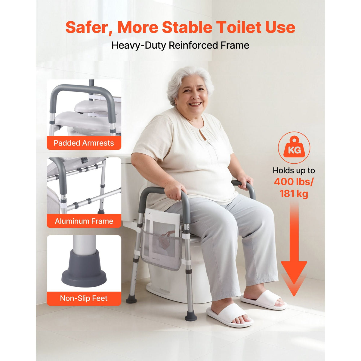 Raised Toilet Seat with Arms, 400 lbs Load Capacity, Adjustable Height and Width, Commode Cushion Padded Elevated Toilet Seat Riser with Handles for Seniors, Elderly, Handicap, Disabled, Adults