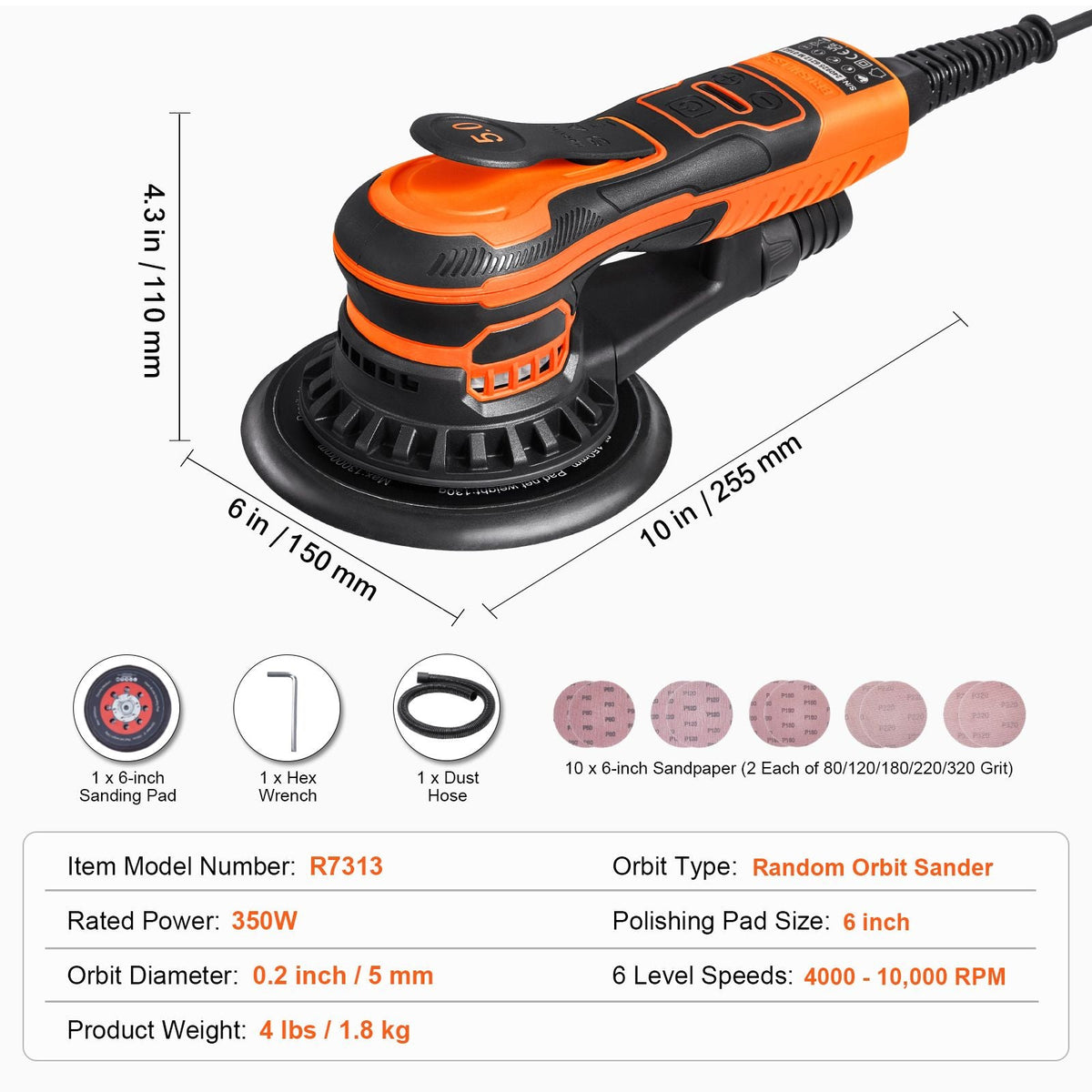 Random Orbital Sander 6-Inch, 350W Brushless Orbital Sander, 10,000 PRM 6 Variable Speed Electric Palm Sander with 10PCS Sandpapers, Dust Connector & Hose for Woodworking Detailing Sanding