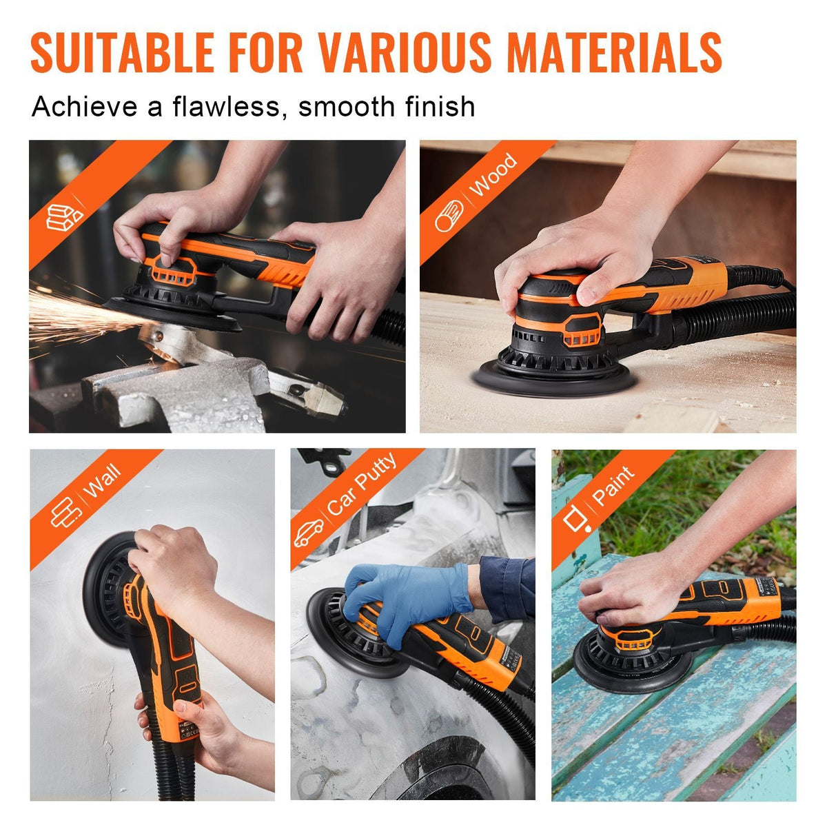 Random Orbital Sander 6-Inch, 350W Brushless Orbital Sander, 10,000 PRM 6 Variable Speed Electric Palm Sander with 10PCS Sandpapers, Dust Connector & Hose for Woodworking Detailing Sanding