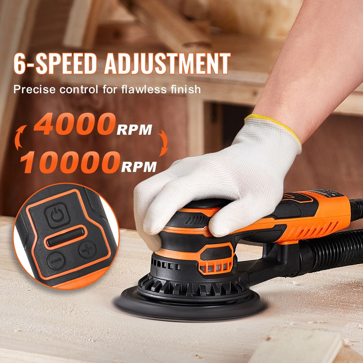 Random Orbital Sander 6-Inch, 350W Brushless Orbital Sander, 10,000 PRM 6 Variable Speed Electric Palm Sander with 10PCS Sandpapers, Dust Connector & Hose for Woodworking Detailing Sanding